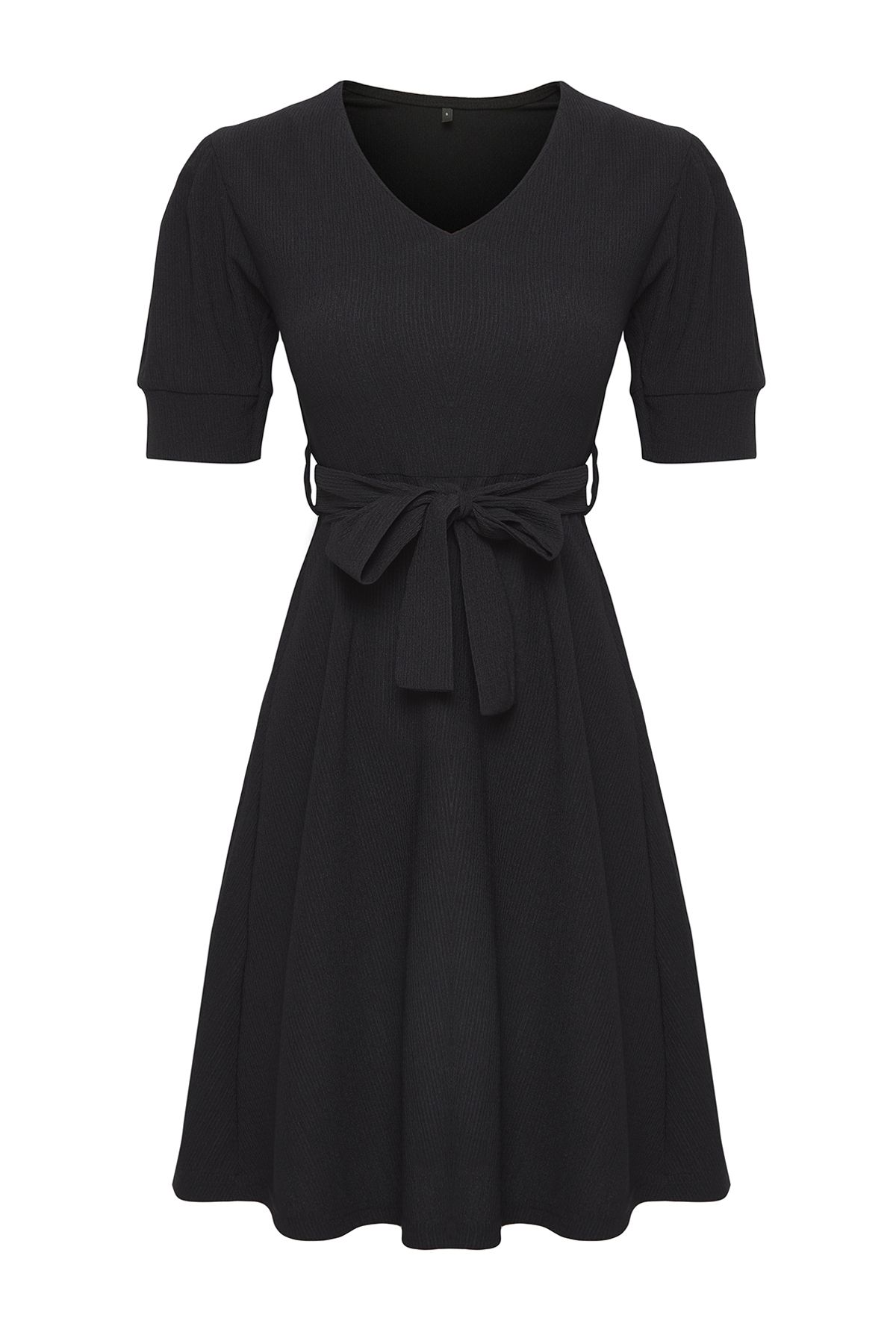 Edit by Trendyol-Rochie neagră mini skater cu decolteu în V cu mâneci cu balon - TEDSS25EL00009 1