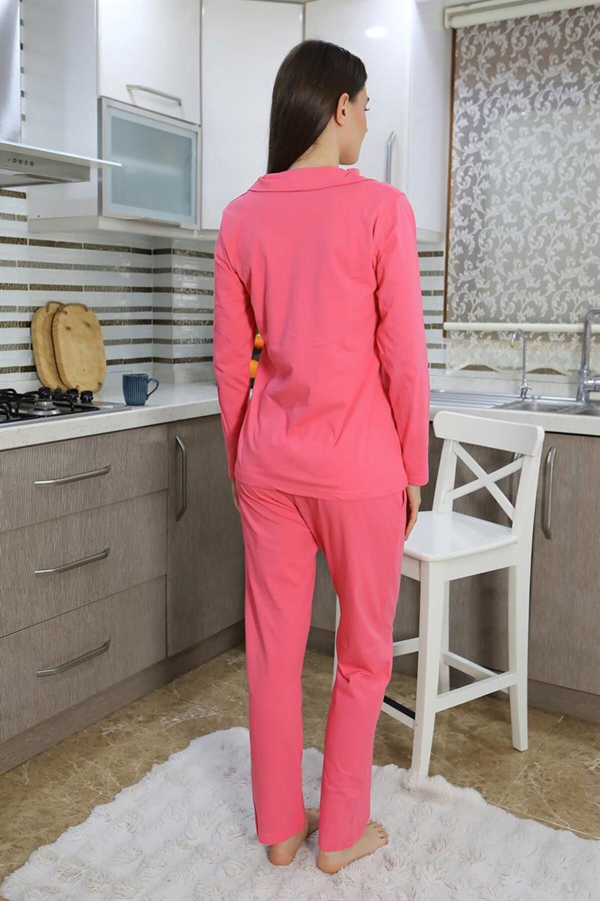 modaserdem-Pink Mining Women Long Sleeve Pajamas Suit Front Buttoned 4