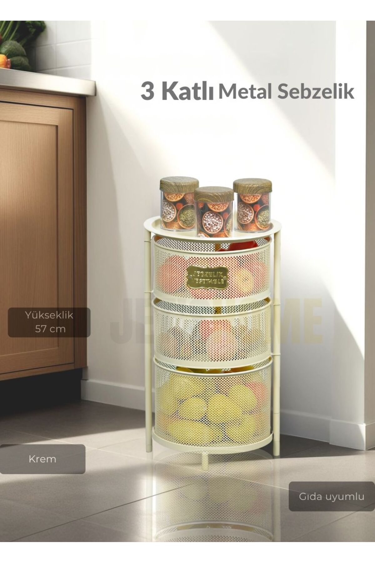 Jet's Home 3 Katlı Sebzelik Açılır Metal Patates Soğan Sepeti Paslanmaz Meyvelik Organizer Sepet Krem