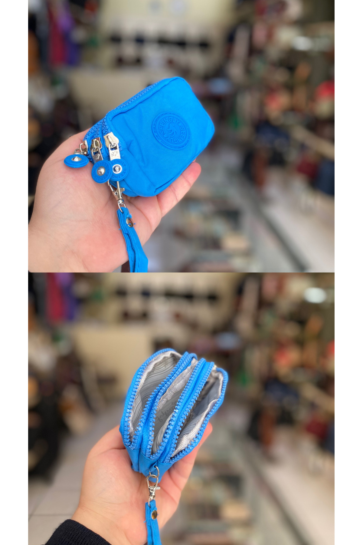 Small coin purse with blue bracelet fits credit card