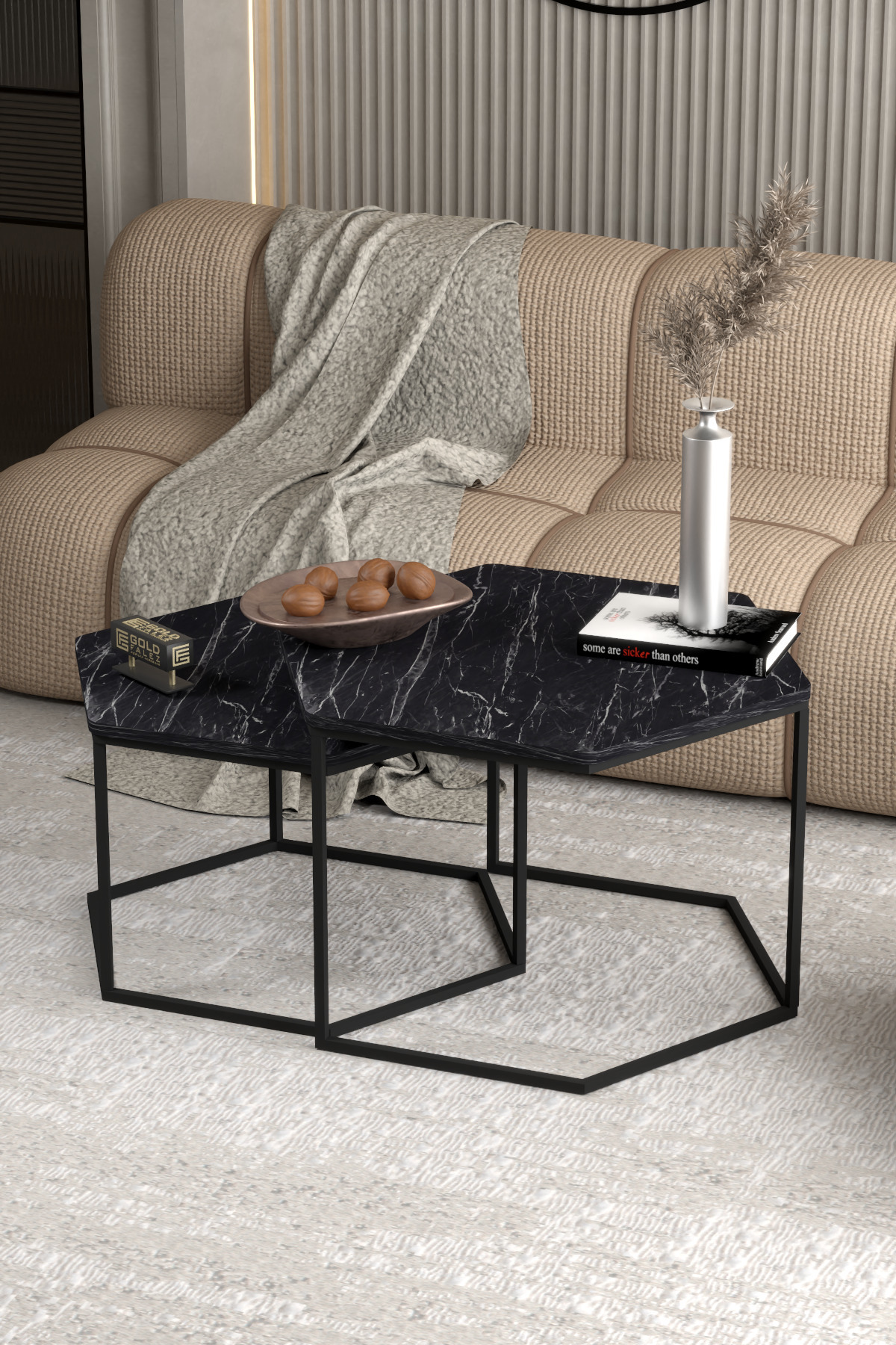 Goldfalez Altıgen İkili Orta Sehpa Siyah görsel 5