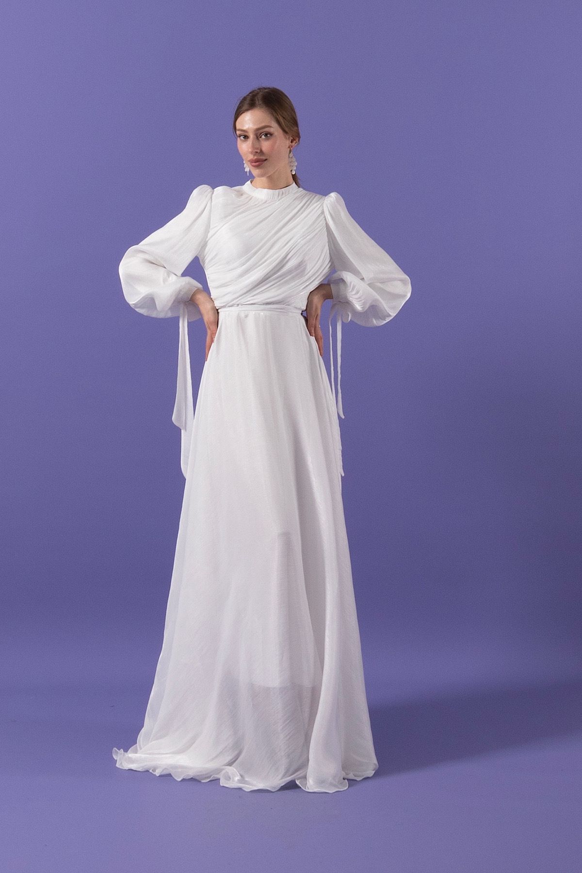 Stilife-White Evening Dress with Draped Bust 1