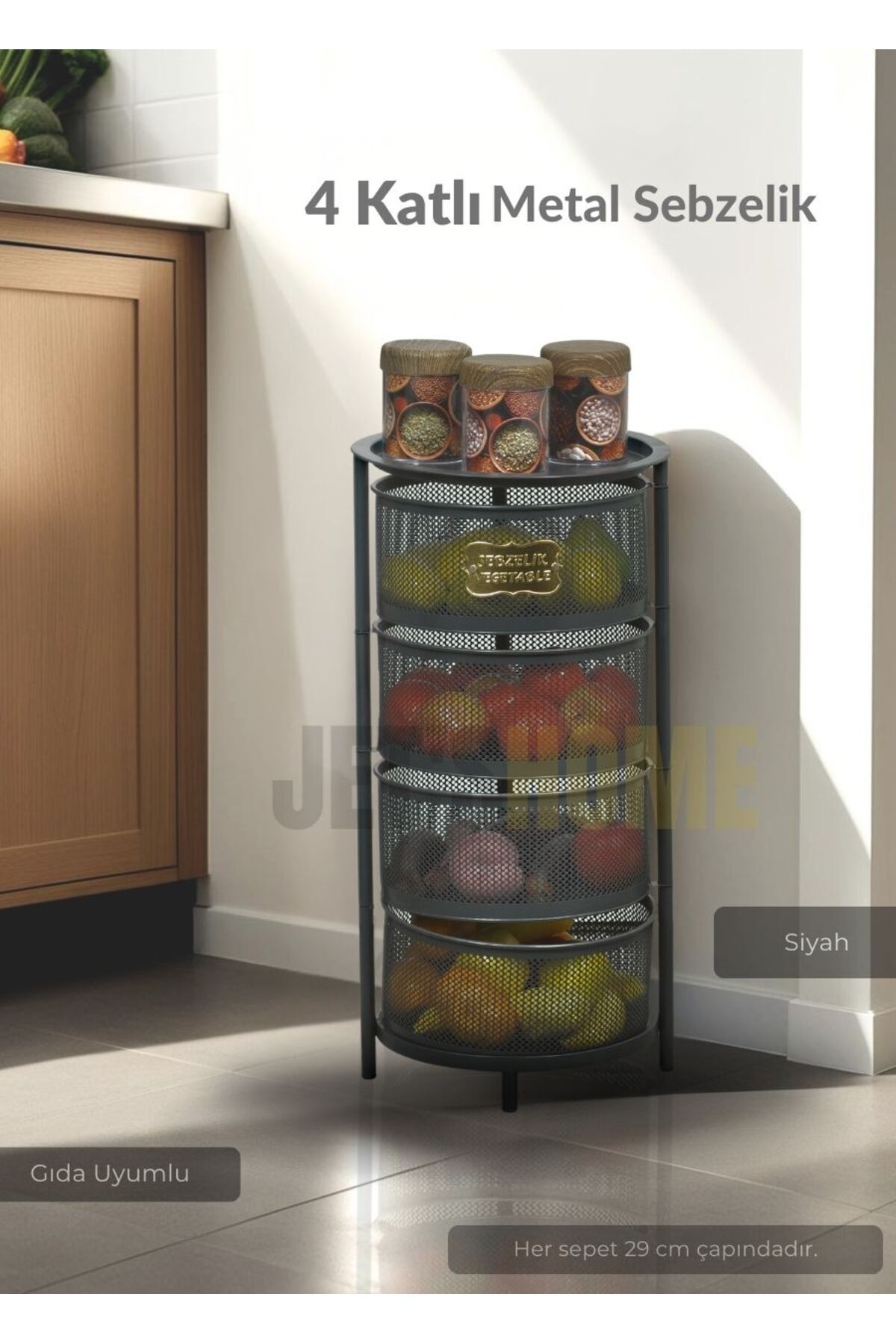 Jet's Home 4 Katlı Sebzelik Açılır Metal Patates Soğan Sepeti Paslanmaz Meyvelik Organizer Sepet Siyah