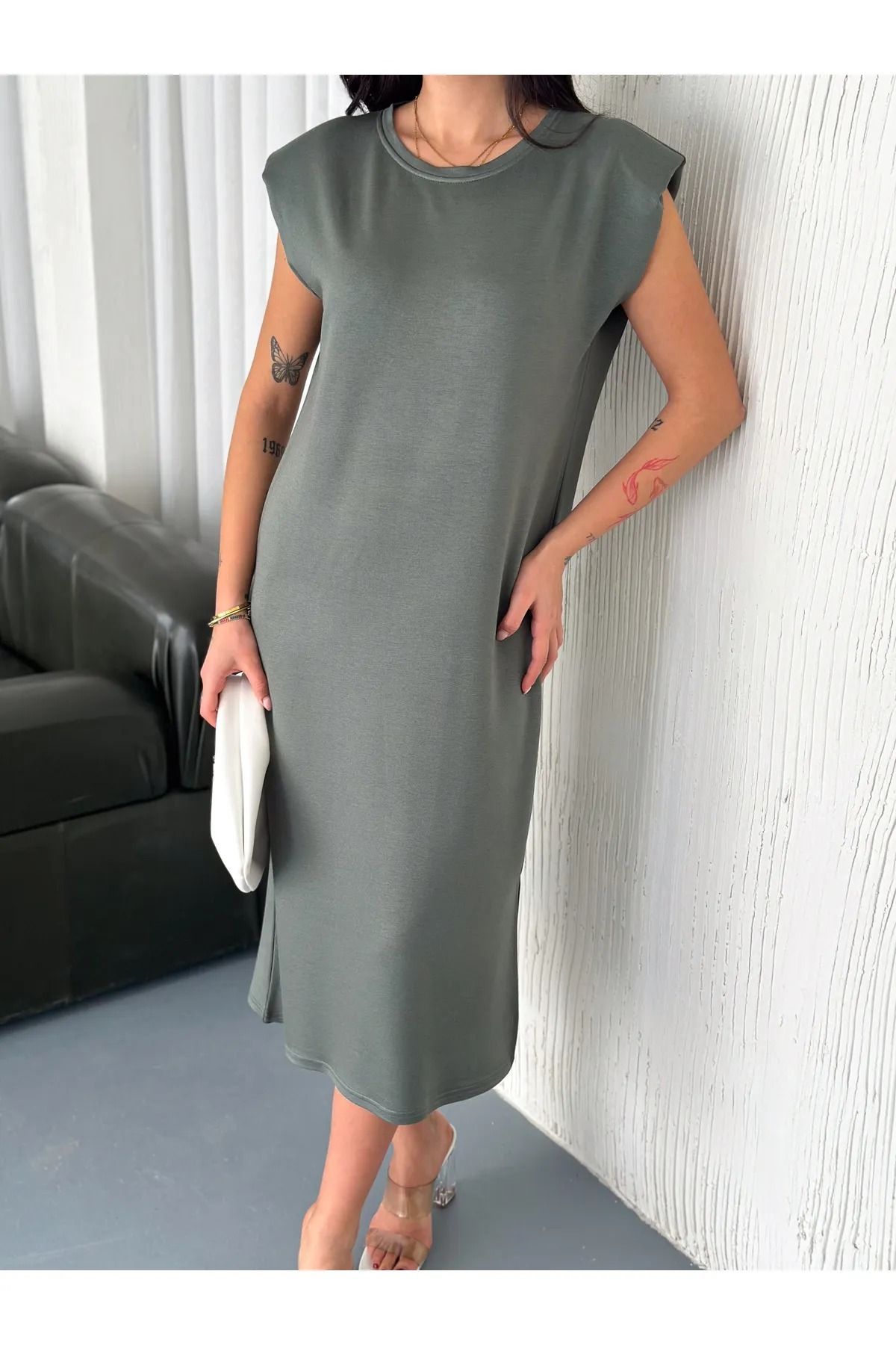 sportiness-Soft Texture Slit Padded Modal Fabric Midi Dress Texture 6