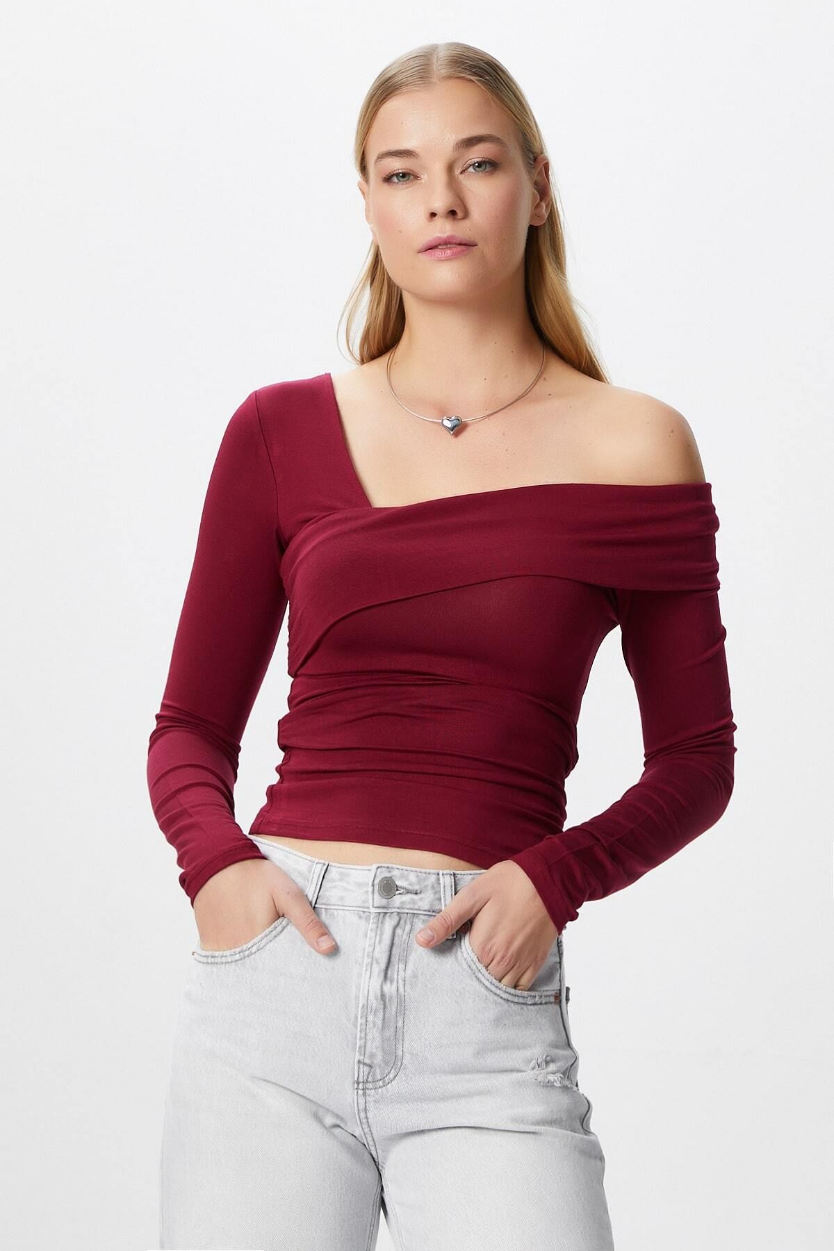 Ritnice-Women's Fuse Shoulder Fold Burgundy Blouse 4