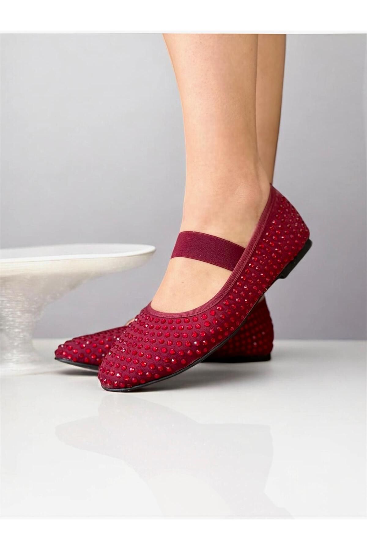 Macelife-Burgundy Suede Stone Detailed Daily Women's Ballerinas 3