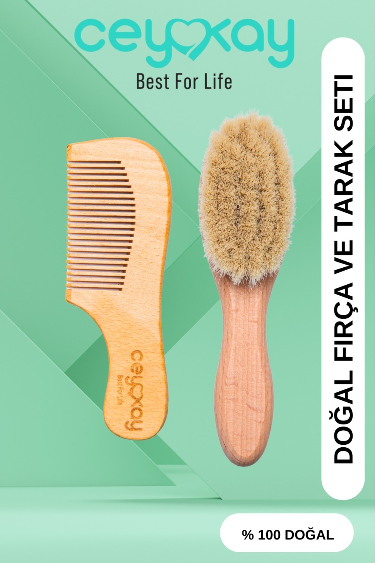 cey kay Ceykay Doğal Keçi Kılı Bebek Masaj Fırçası Ve Ahşap Tarak (2LİSET)