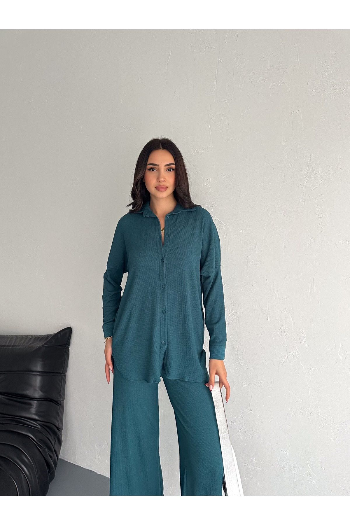 02Lady Fashion Cămașă Cu Mânecă Lungă Gofre Și Cămașă Înfășurată Cu Picioare Largi Set Dublu Femeie - XL