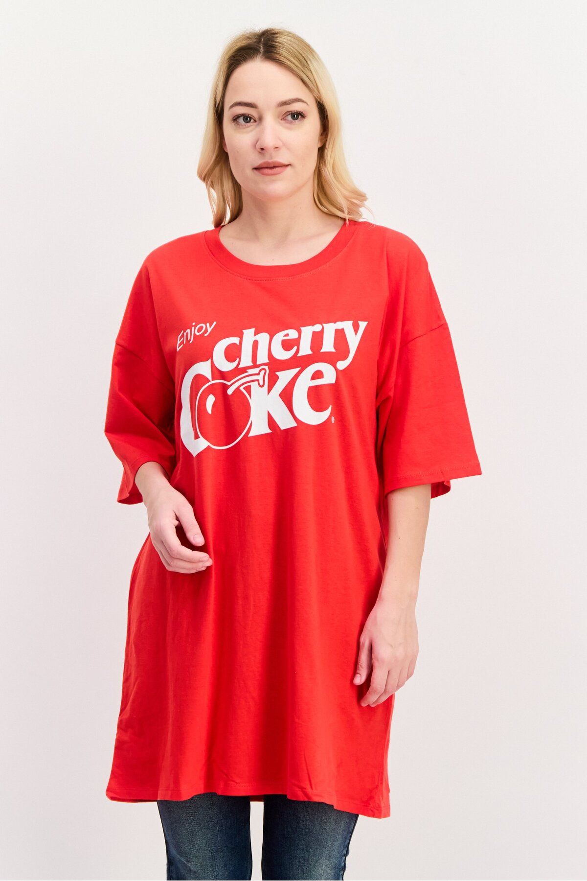 Coca Cola x Undiz-Women Oversized Fit Crew Neck Short Sleeve Printed T-Shirts, Red 1