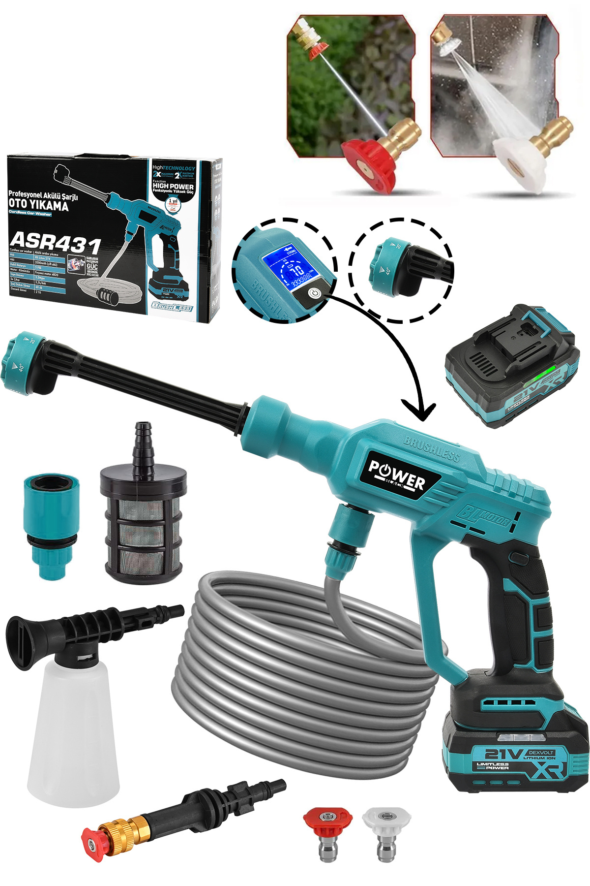 POWER BLACK 21v Yüksek Basınçlı Kömürsüz Motor Akülü Oto Araba Yıkama Makinesi Şarjlı