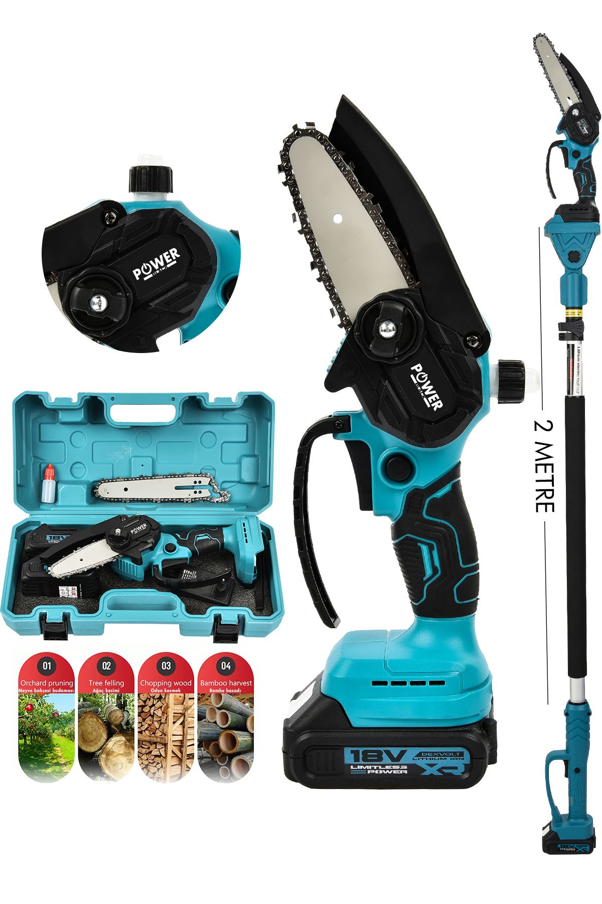 POWER BLACK OTOMATİK YAĞLAMALI YAĞ HAZNELİ 2 METRE TELESKOBİK SET TESTERE ÇİFT PALA ÇİFT ZİNCİR