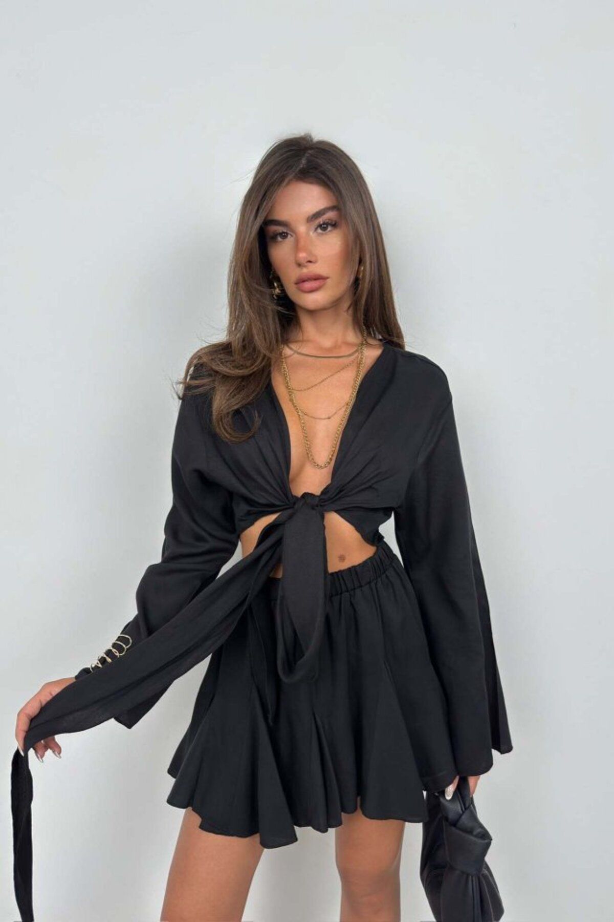 Gökyüzü Moda Kayık Yaka Uzun Kol Crop