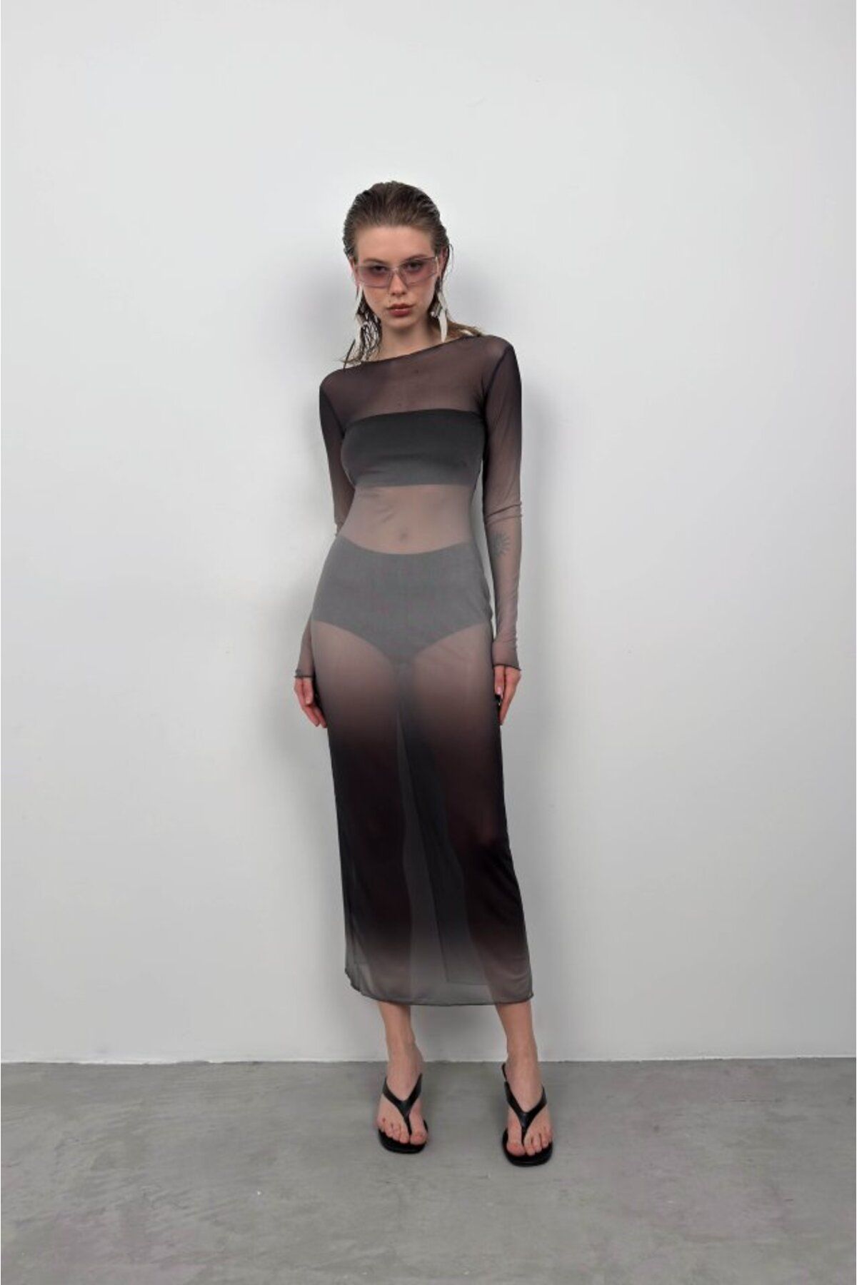 Gökyüzü Moda Baskılı Maxi Boy Elbise