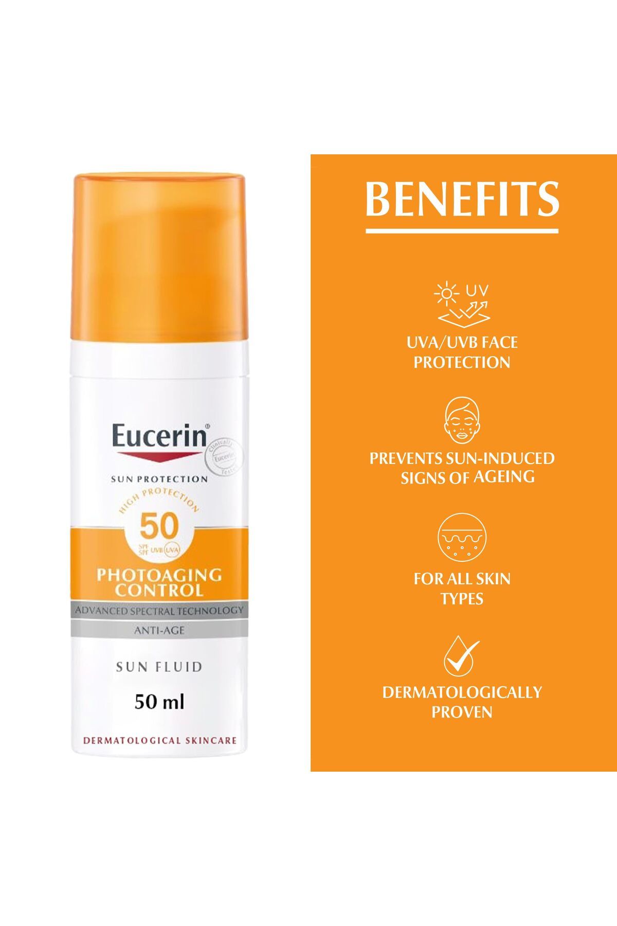 Eucerin-Face Sunscreen SPF 50, Anti-Age Sun Fluid, UVA/UVB Protection, Wrinkle Reduction, Make-Up Base, 50ml 3