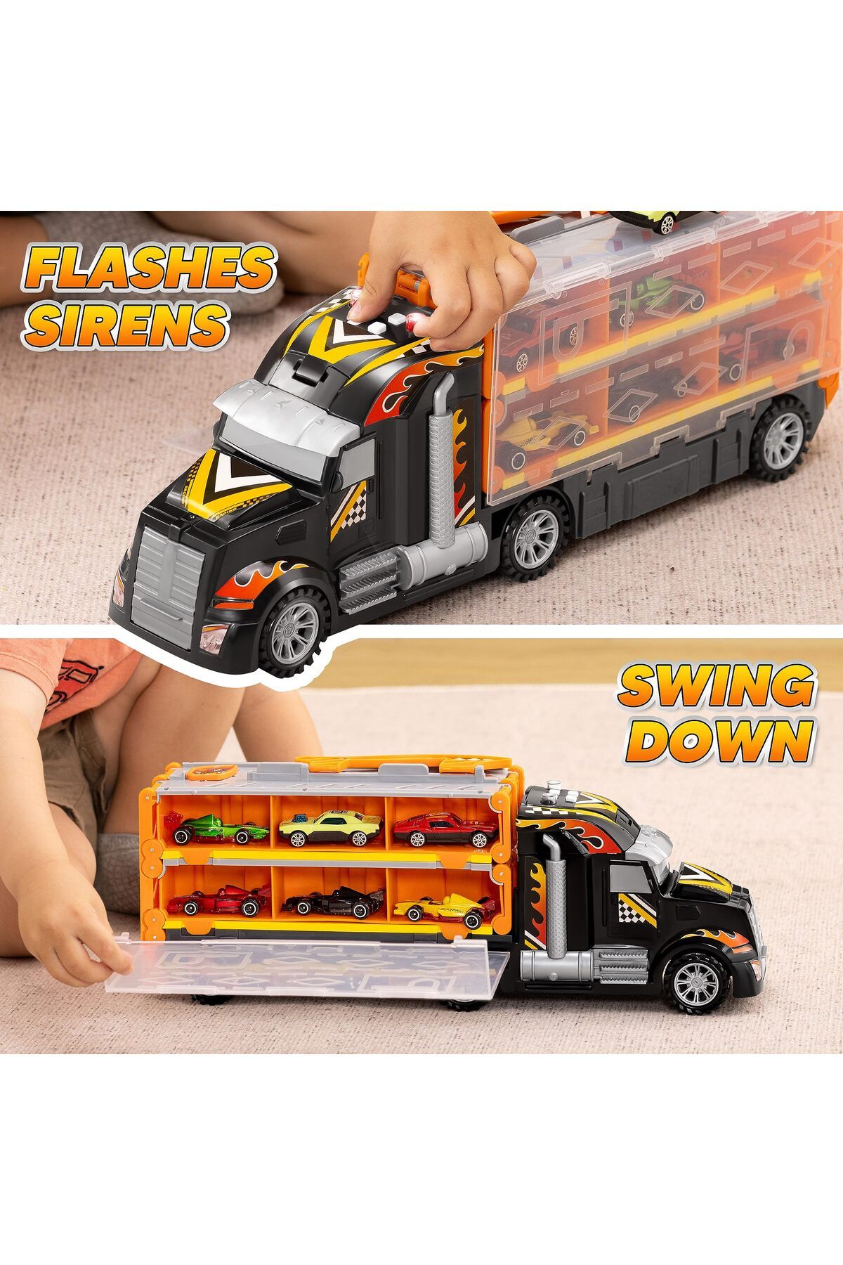 JOYIN-Toy Truck, 5-FT Race Track, 12 Die-Cast Cars, Lights & Sounds, Gift for Kids 2-5 Years - Black 6