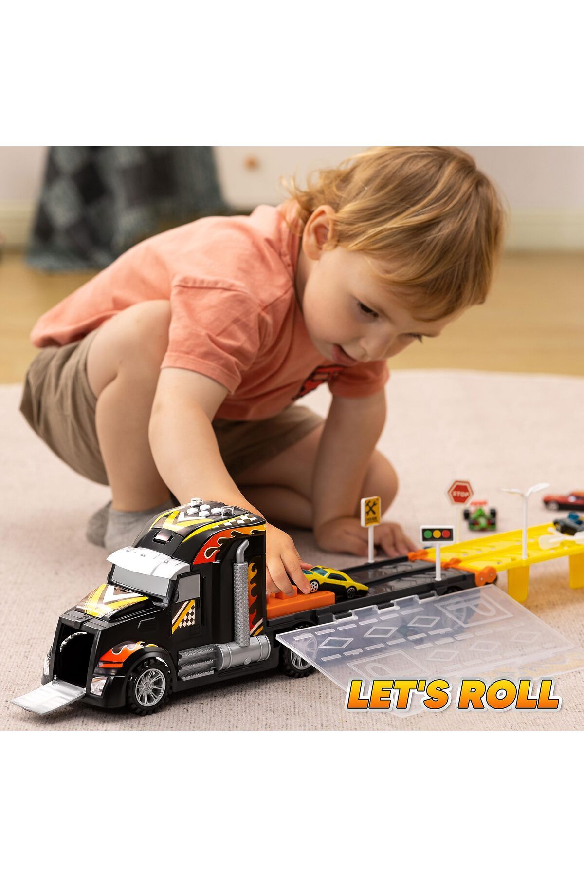 JOYIN-Toy Truck, 5-FT Race Track, 12 Die-Cast Cars, Lights & Sounds, Gift for Kids 2-5 Years - Black 5