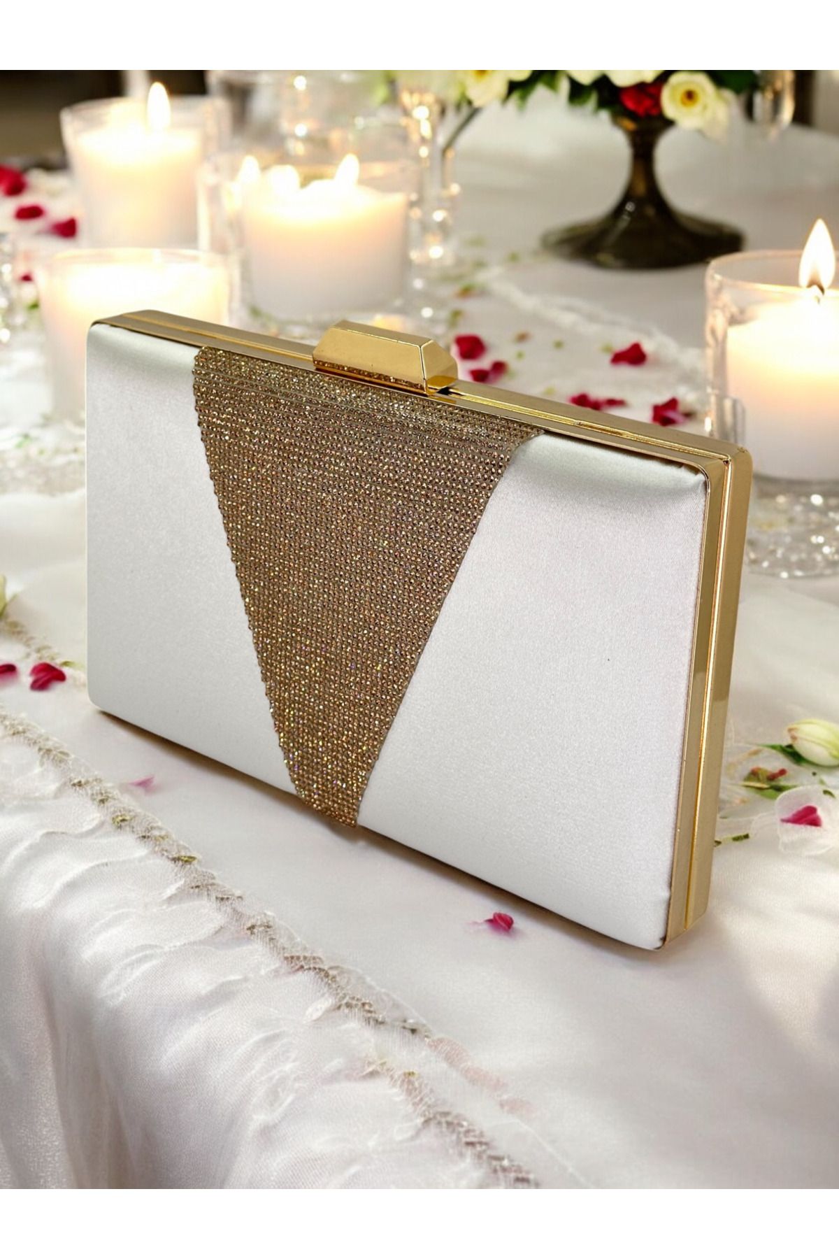 Biçanta Geantă De Seară Din Satin Ecru Din Satin Rosegold Stone Geantă De Seară Geantă De Nuntă De Logodnă Femeie - One Size