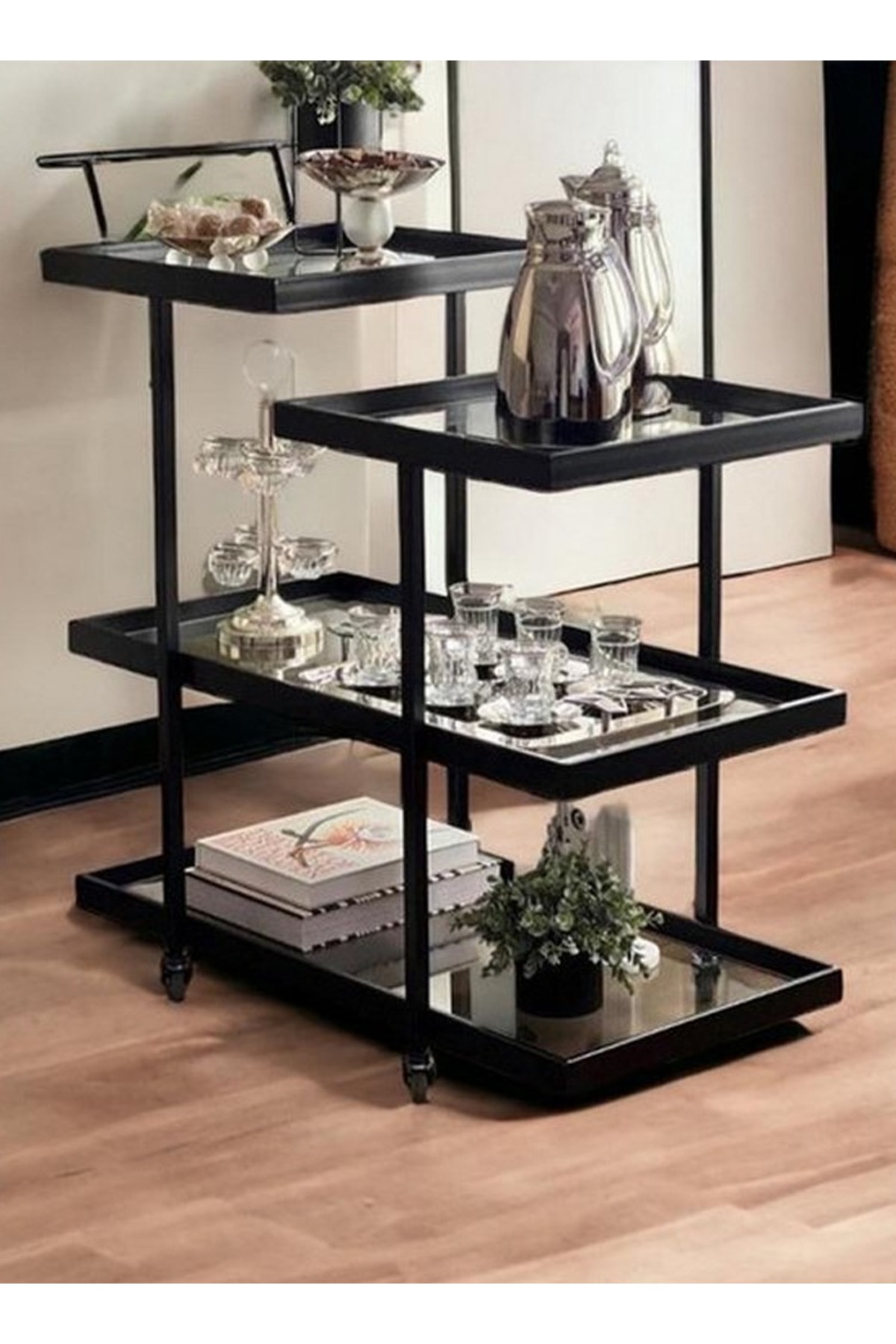 عربة تقديم حديد وزجاج شفاف أسود - 80×35×80