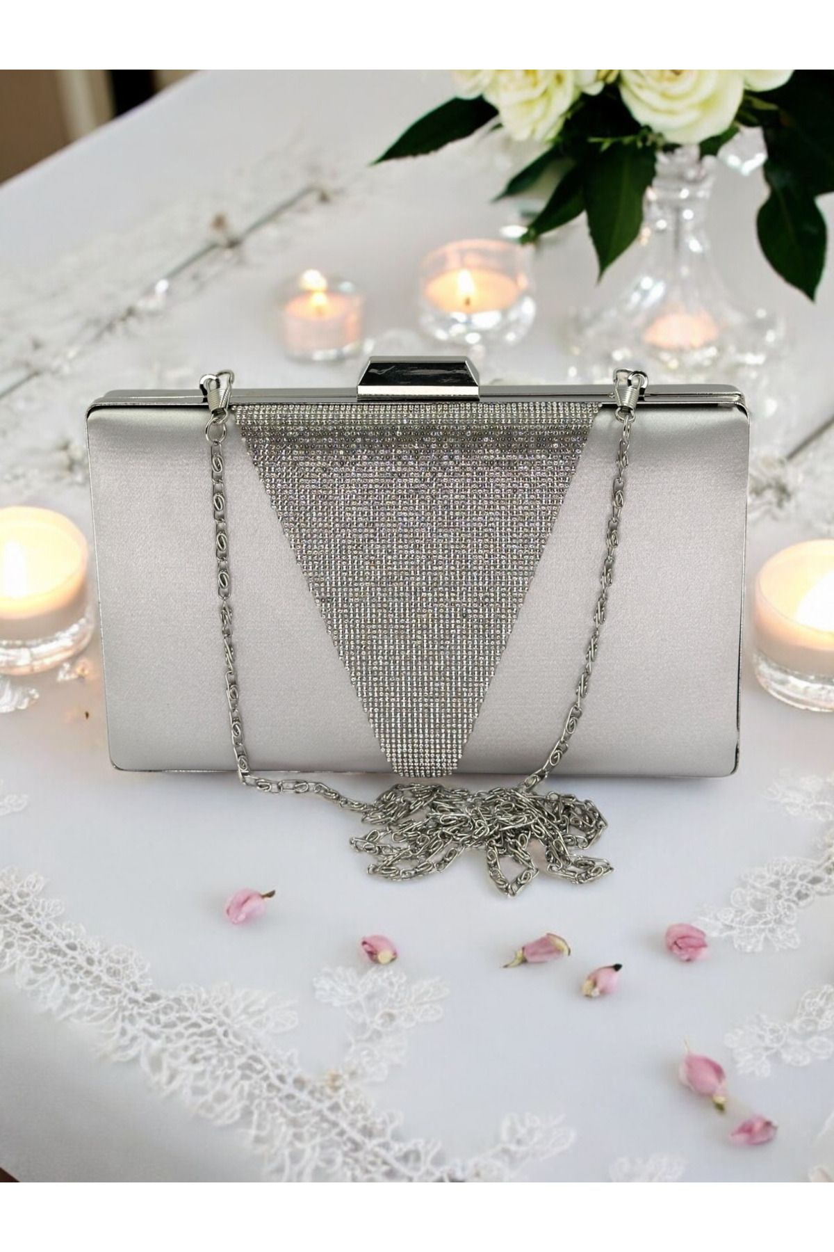 Biçanta-Silver Satin Silver Stone Metal Handle Evening Dress Bag Evening Bag Engagement Wedding Bag 6