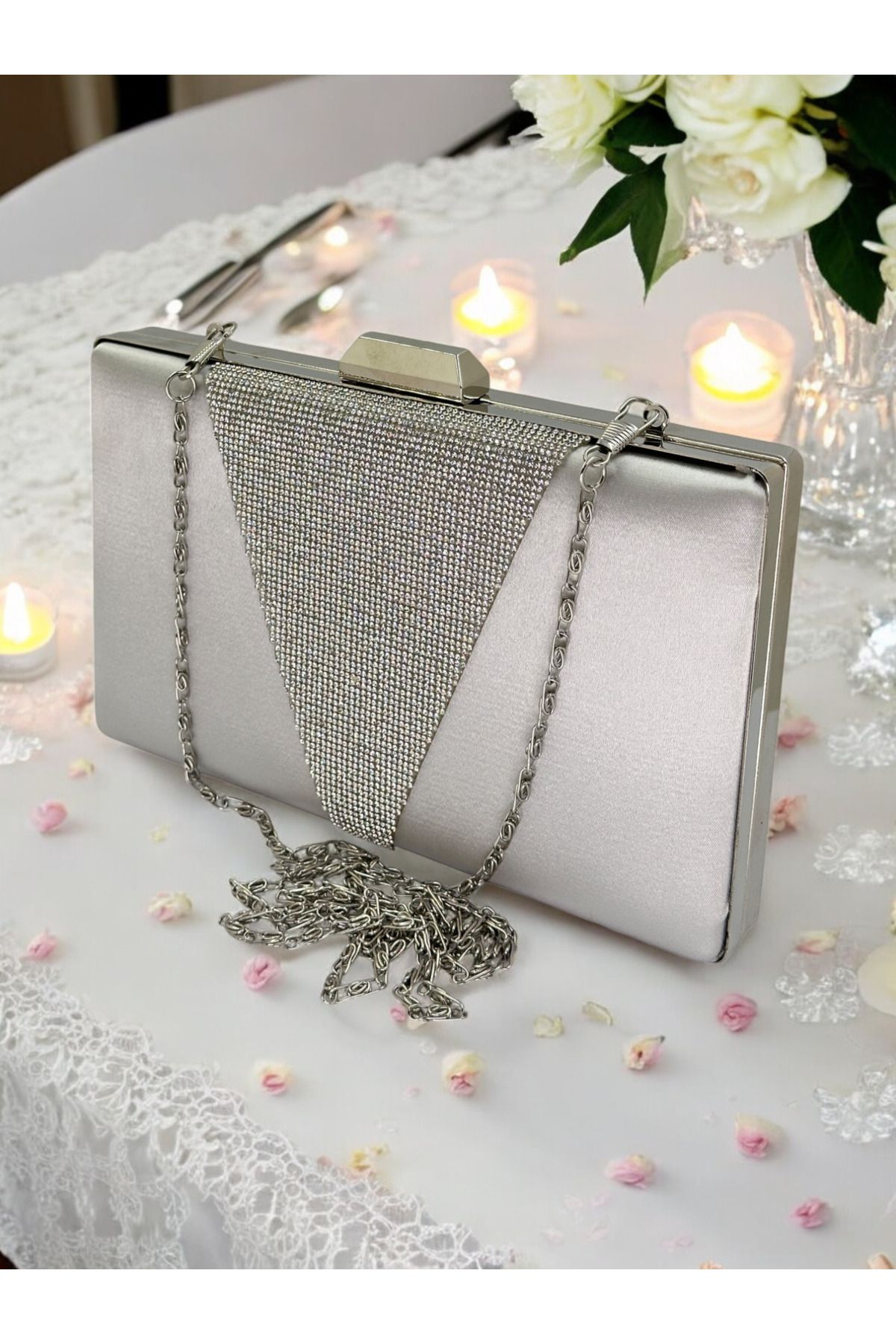 Biçanta-Silver Satin Silver Stone Metal Handle Evening Dress Bag Evening Bag Engagement Wedding Bag 7