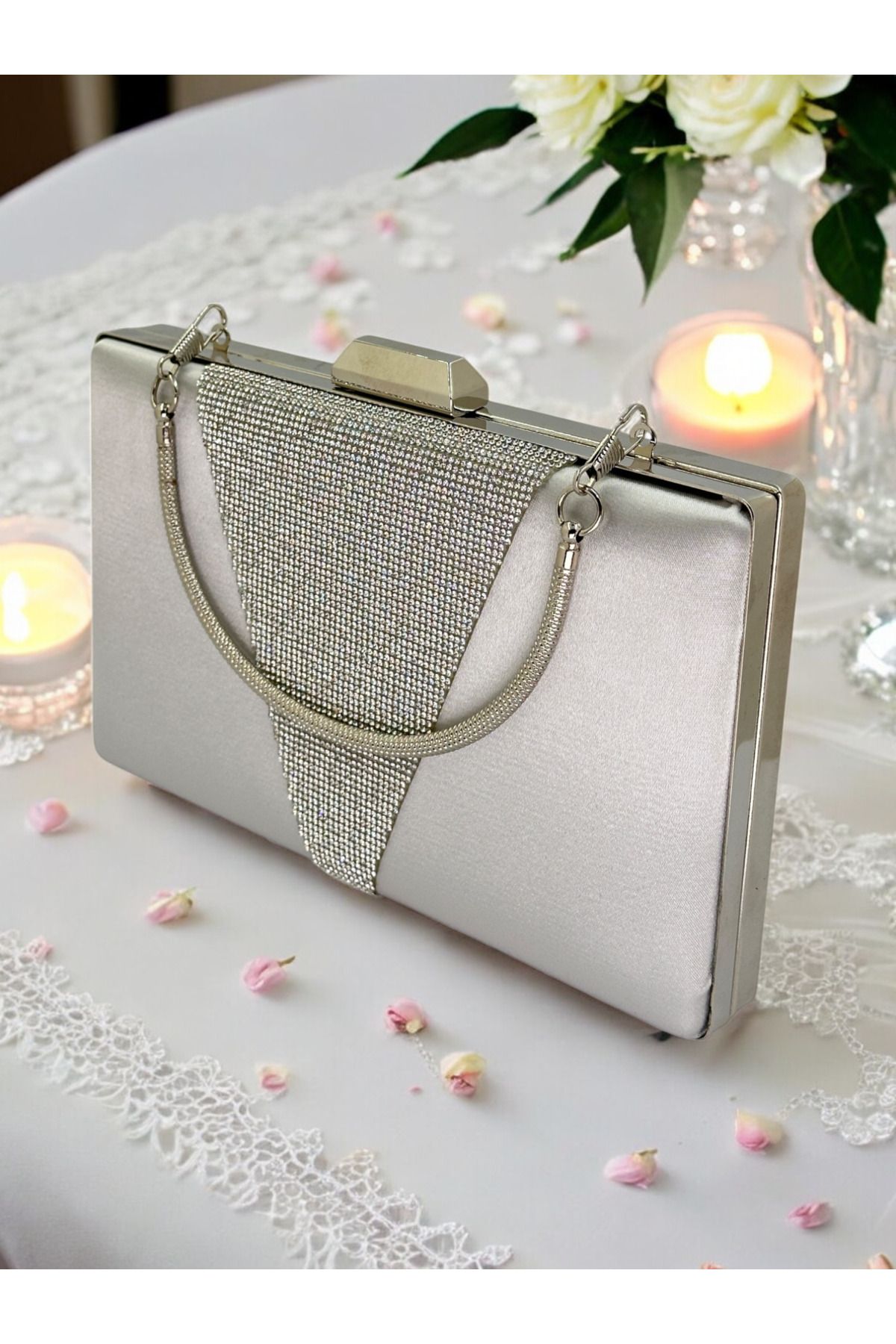 Biçanta-Silver Satin Silver Stone Metal Handle Evening Dress Bag Evening Bag Engagement Wedding Bag 8