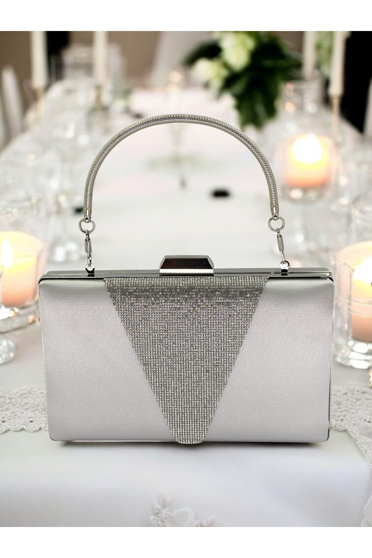 Biçanta-Silver Satin Silver Stone Metal Handle Evening Dress Bag Evening Bag Engagement Wedding Bag 2