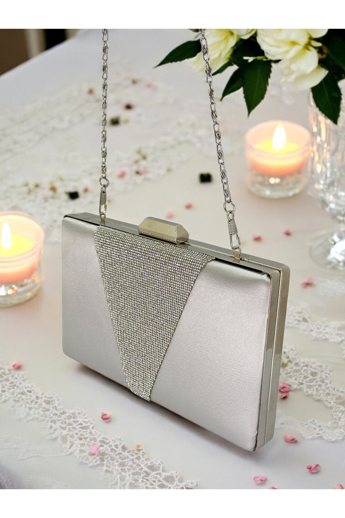 Biçanta-Silver Satin Silver Stone Metal Handle Evening Dress Bag Evening Bag Engagement Wedding Bag 5