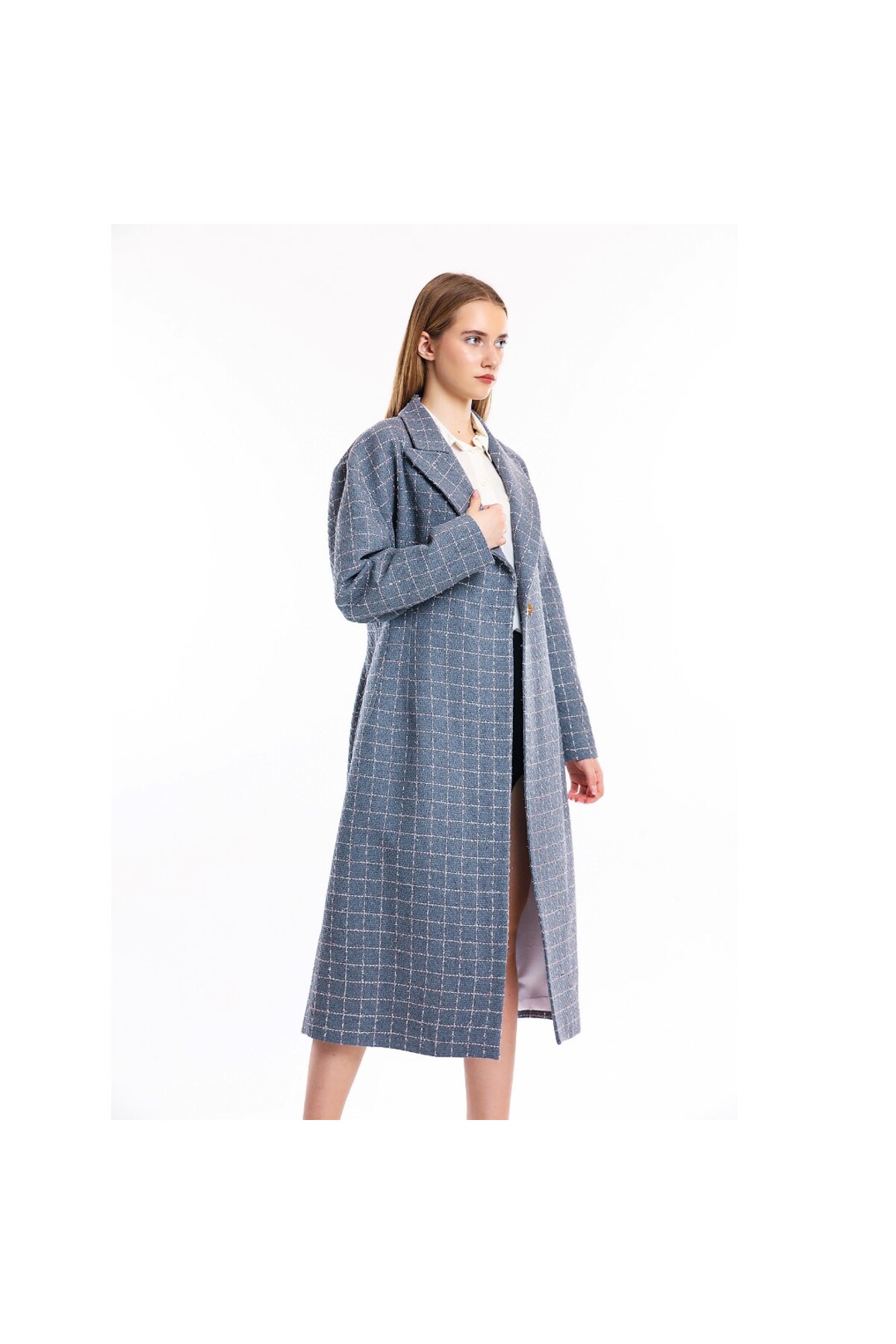 Masuwerte  Kadın Gümüş Simli Uzun Palto - Görsel 6