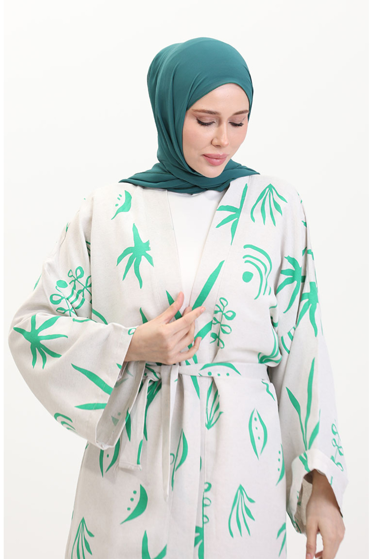 sefamerve-Green Patterned Kimono Set 14935-06 3