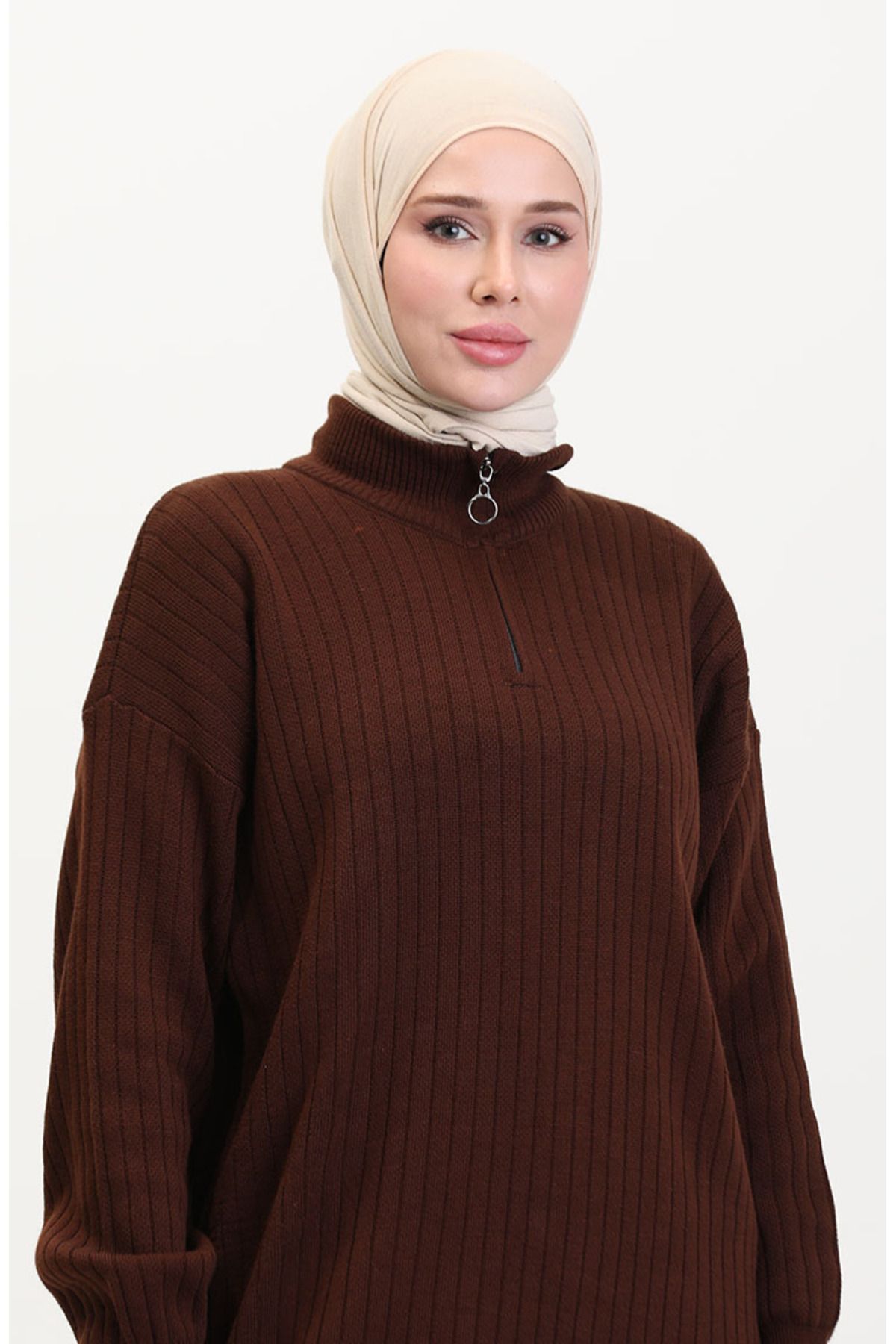 sefamerve-Zippered Leg Knitwear Set - Brown 11030-02 3