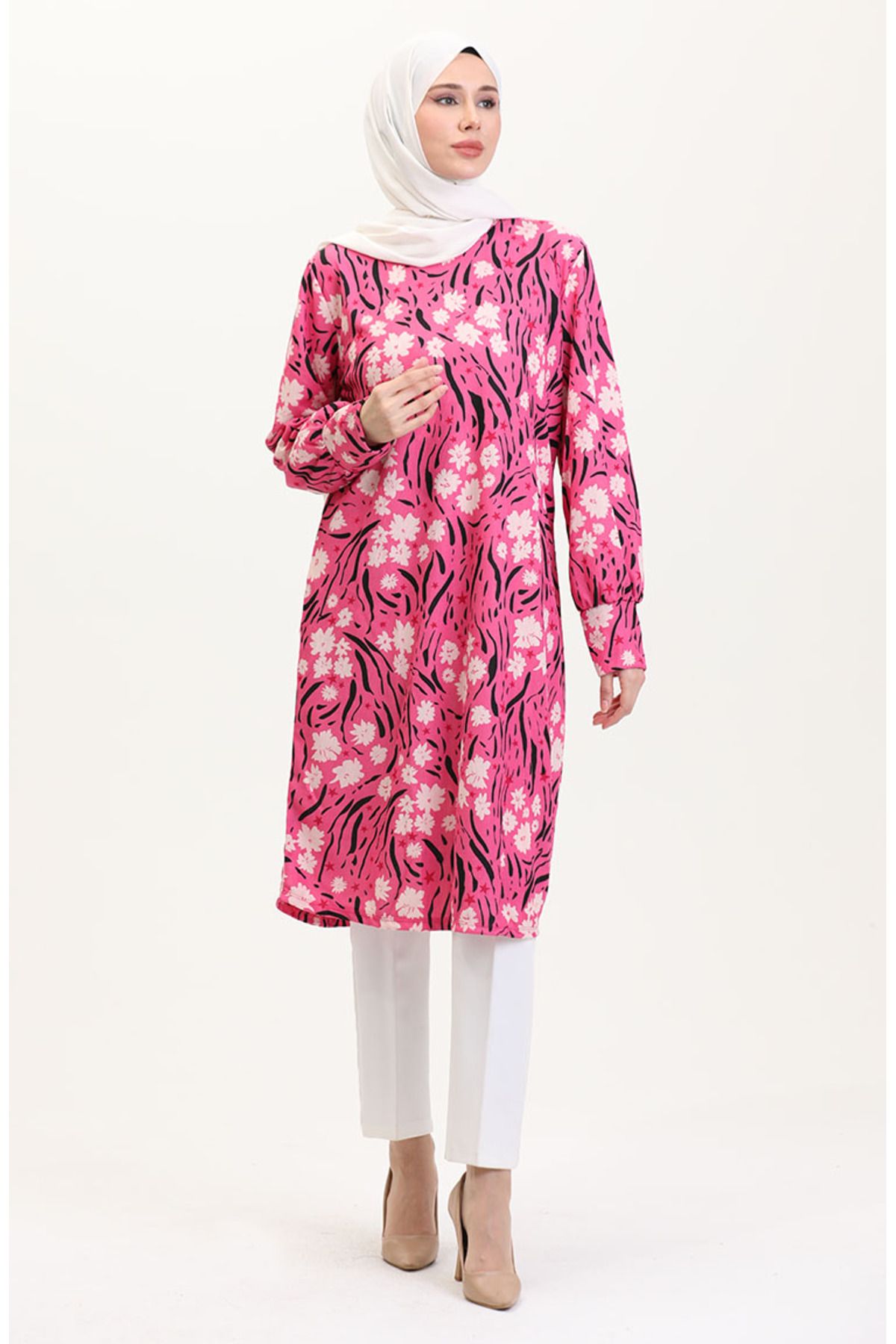 sefamerve-Large Size Patterned Tunic 1129-01 Fuchsia 2