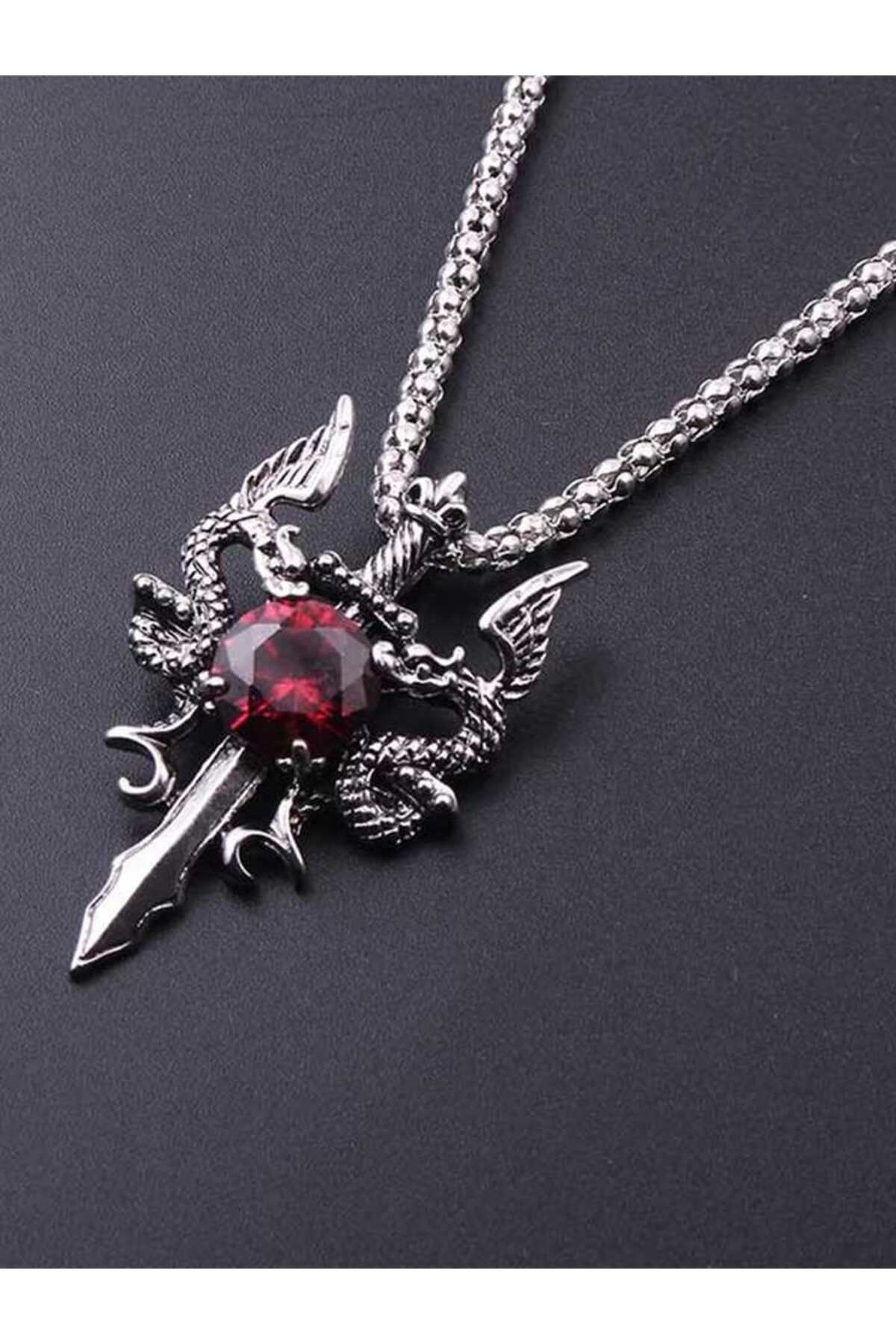 Choice-Red 1 Gothic Style Women's Ancient Silver-color Evil Dragon Gem Pendant Necklace Personalized Fashio 1