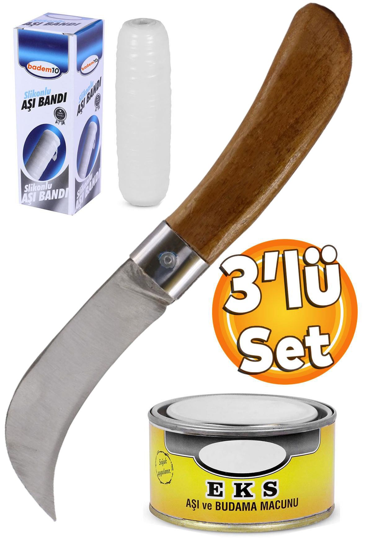 Badem10 Aşı Bıçağı Eğri Uçlu Bağ Bıçağı Çakısı + Aşı Bandı + Aşı Macunu (3'LÜ SET)