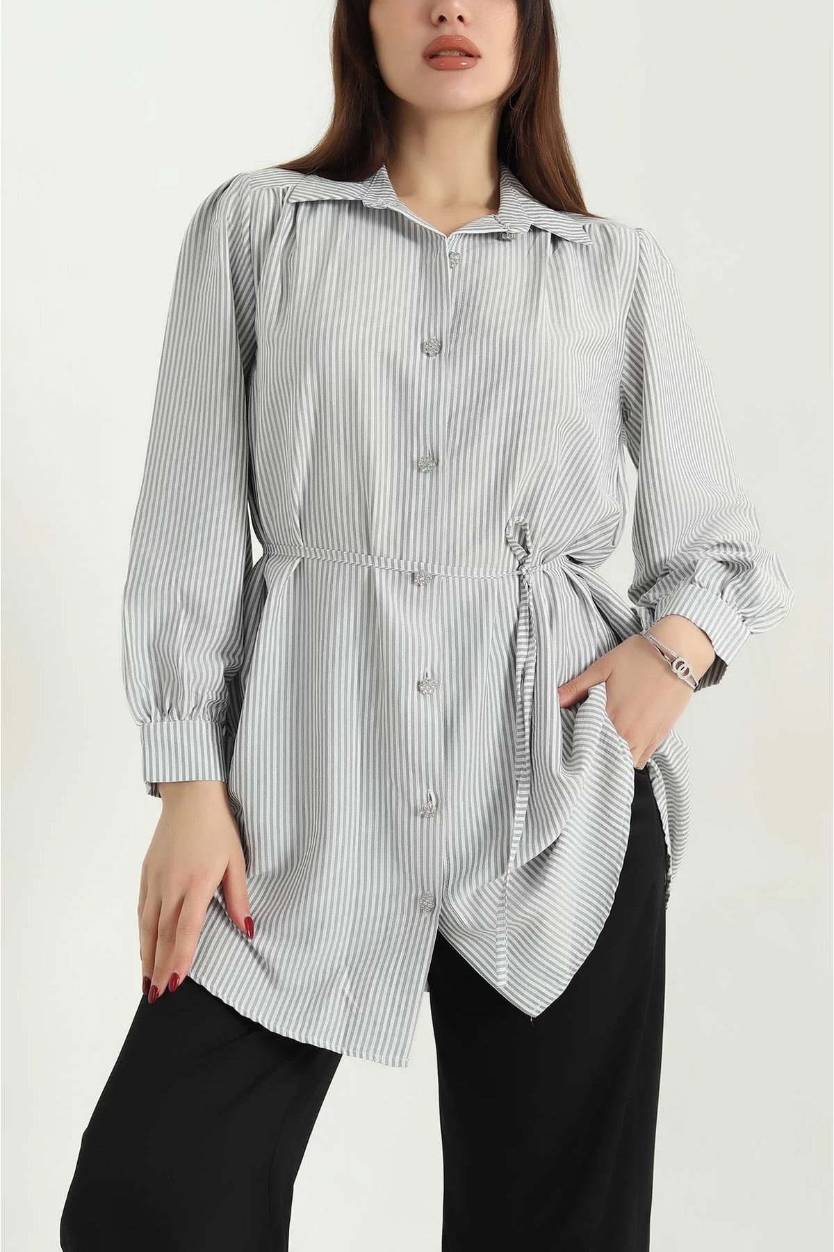 vuvutasarım-New Season Black Soft Woven Shirt Tunic with Tied Waist 1