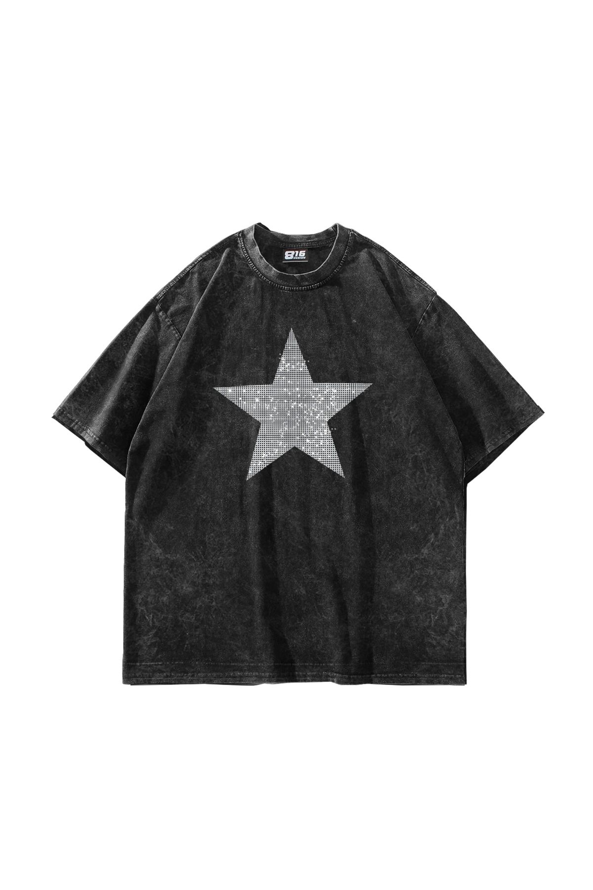 Sekizbiraltı-Star Stone Printed Oversize Unisex Washed Black Tshirt 1