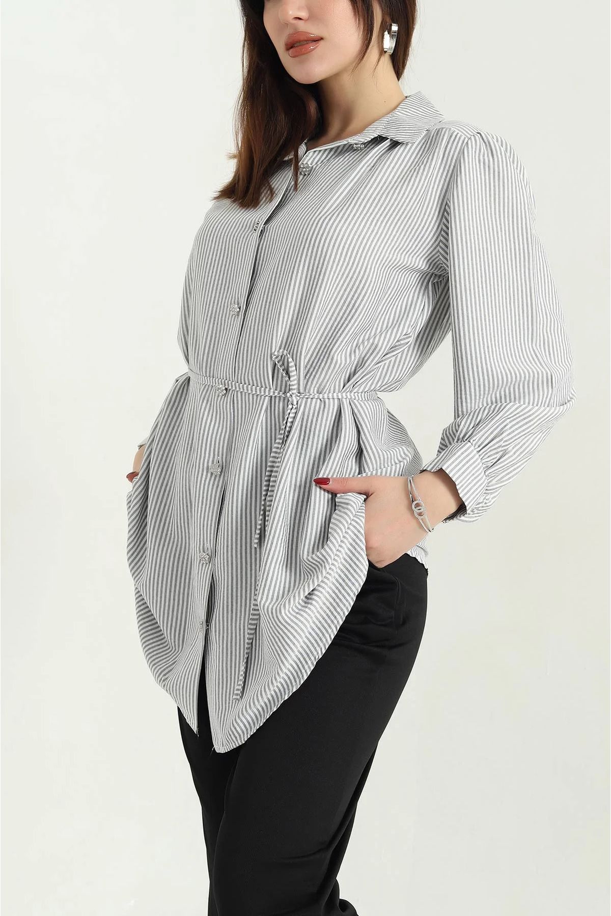 vuvutasarım-New Season Black Soft Woven Shirt Tunic with Tied Waist 4