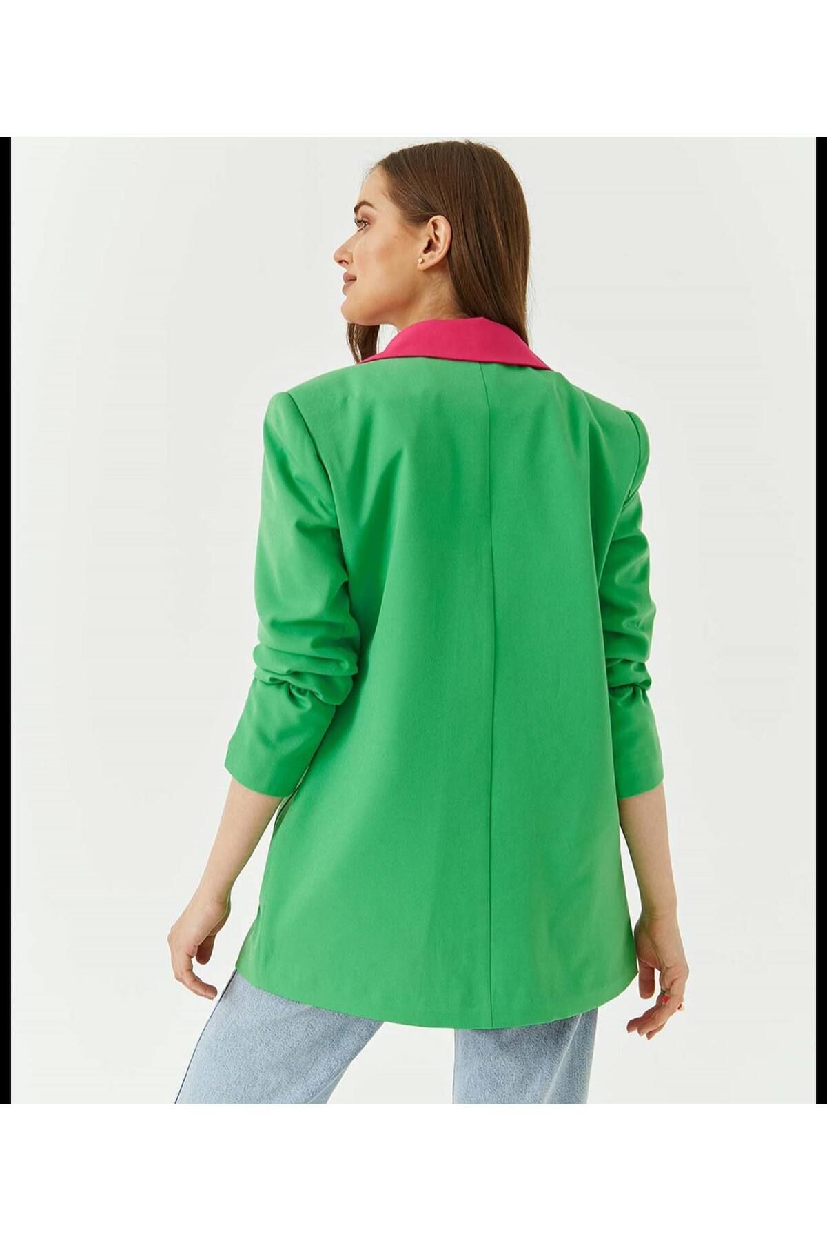 LOKADI-Women's Lined Fuchsia Green Blazer Jacket 2