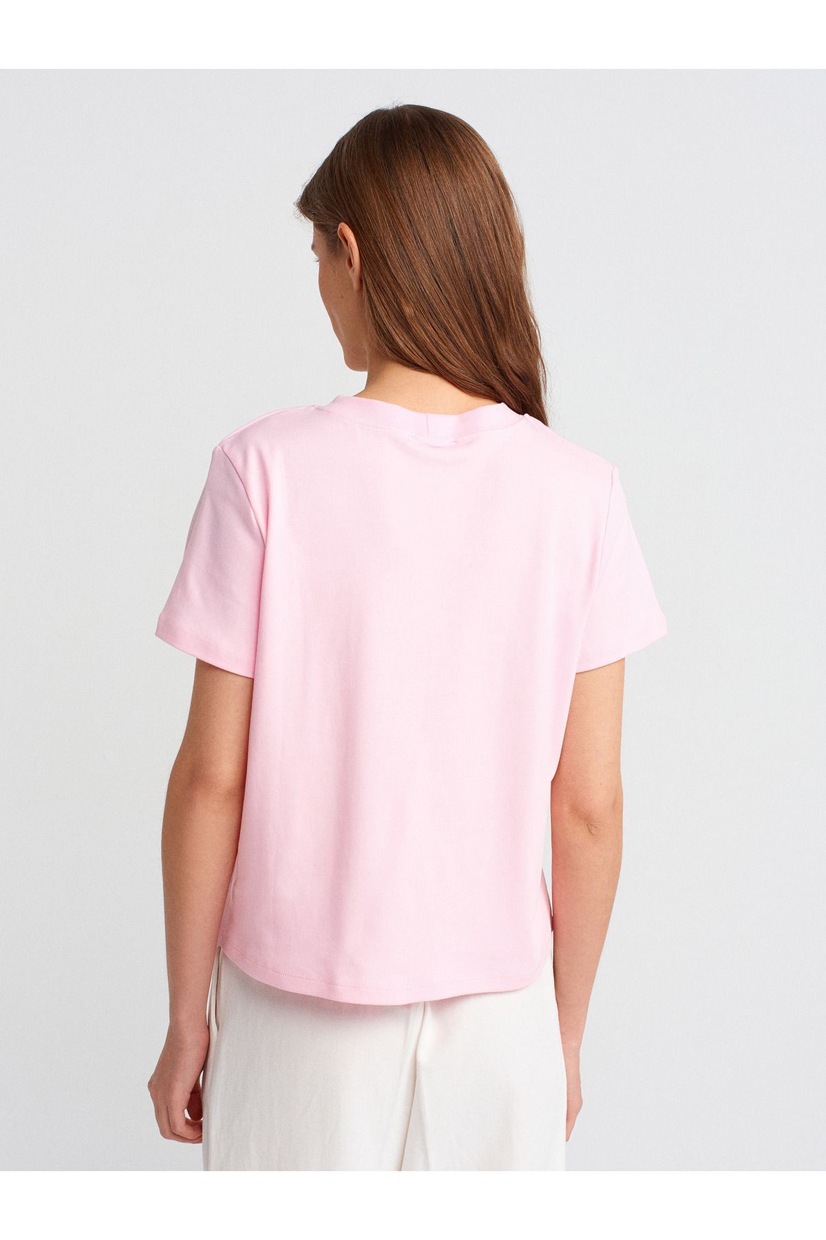 Dilvin-30584 Crew Neck Cotton T-Shirt-A.Pink 2