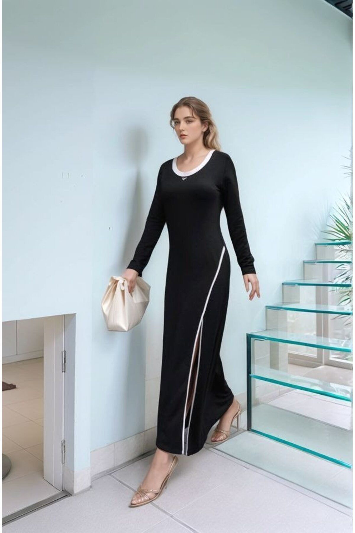 Kokosh moda Rochie Lungă Din Viscoză, Cu Două Fire, Cu Mâneci Lungi, Cu Decolteu Rotund Femeie - Standard