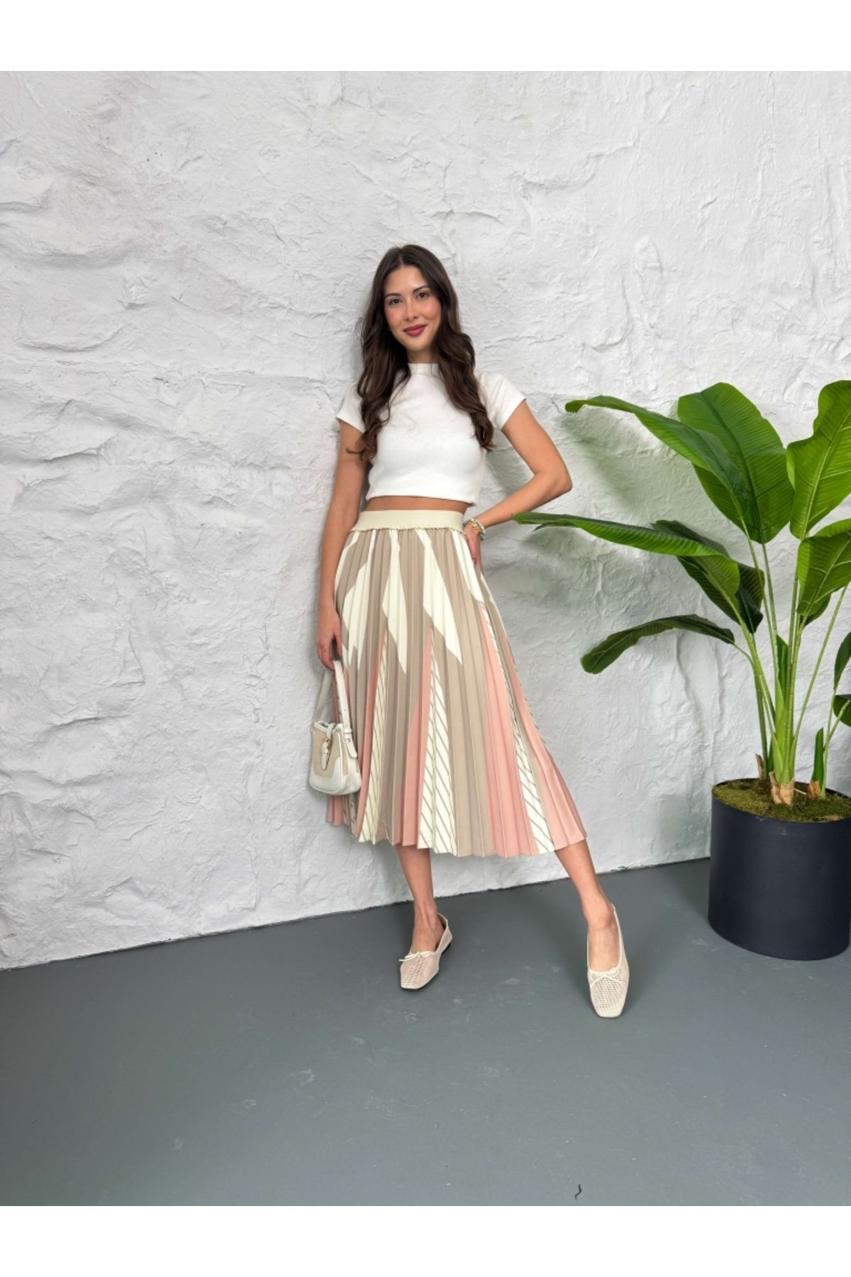 Elif Özbey Butik-Fusta Ecru plisată lungime midi 4