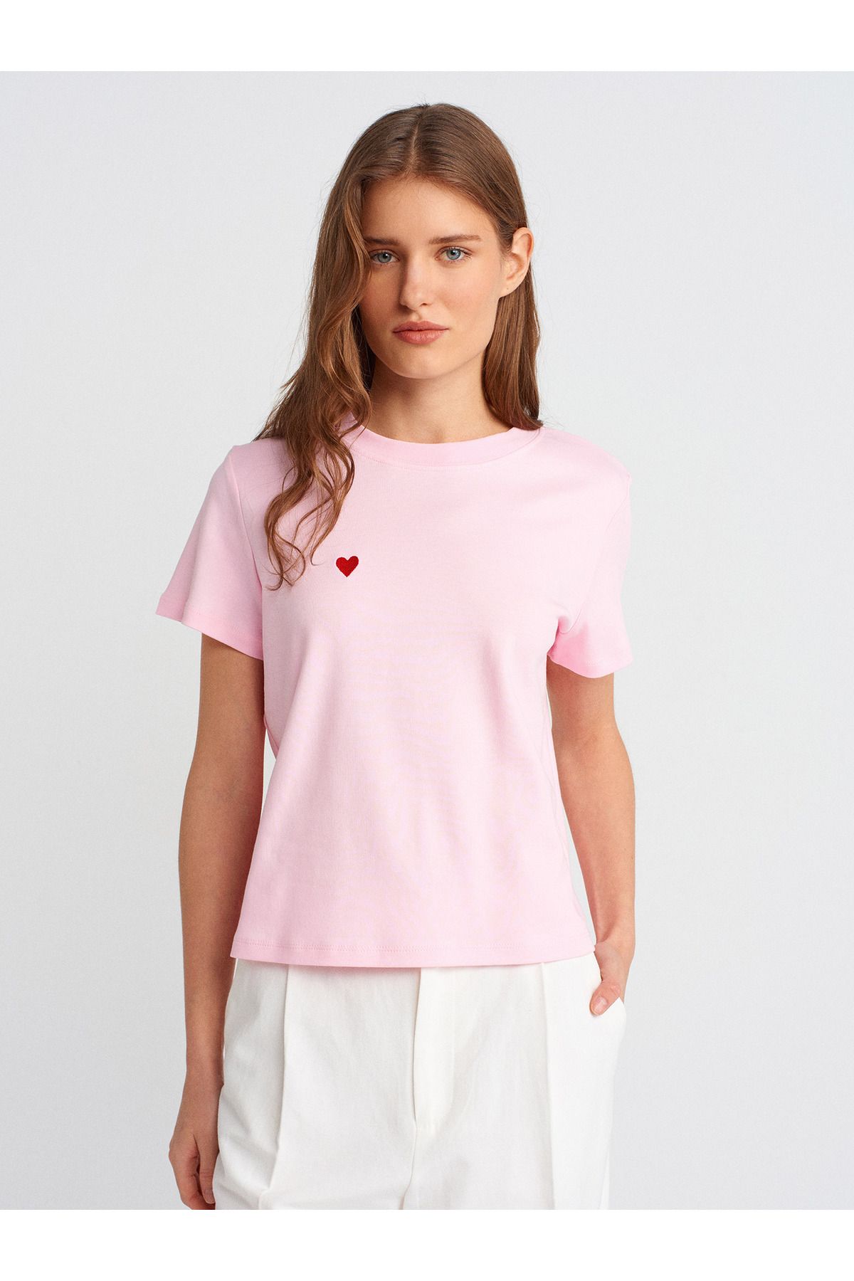 Dilvin-30584 Crew Neck Cotton T-Shirt-A.Pink 1