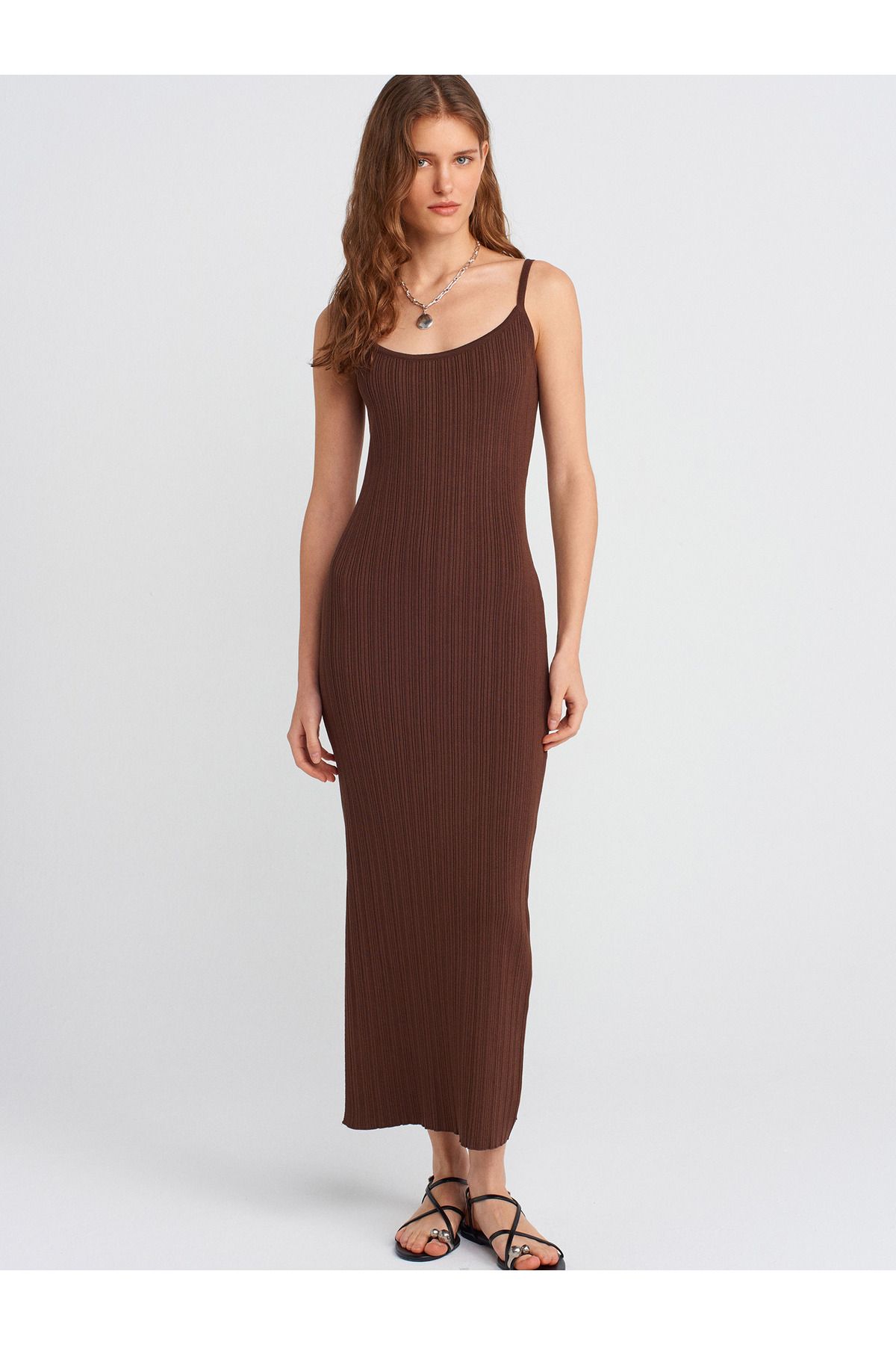 Dilvin-90139 Strappy Knitwear Dress-Brown 1