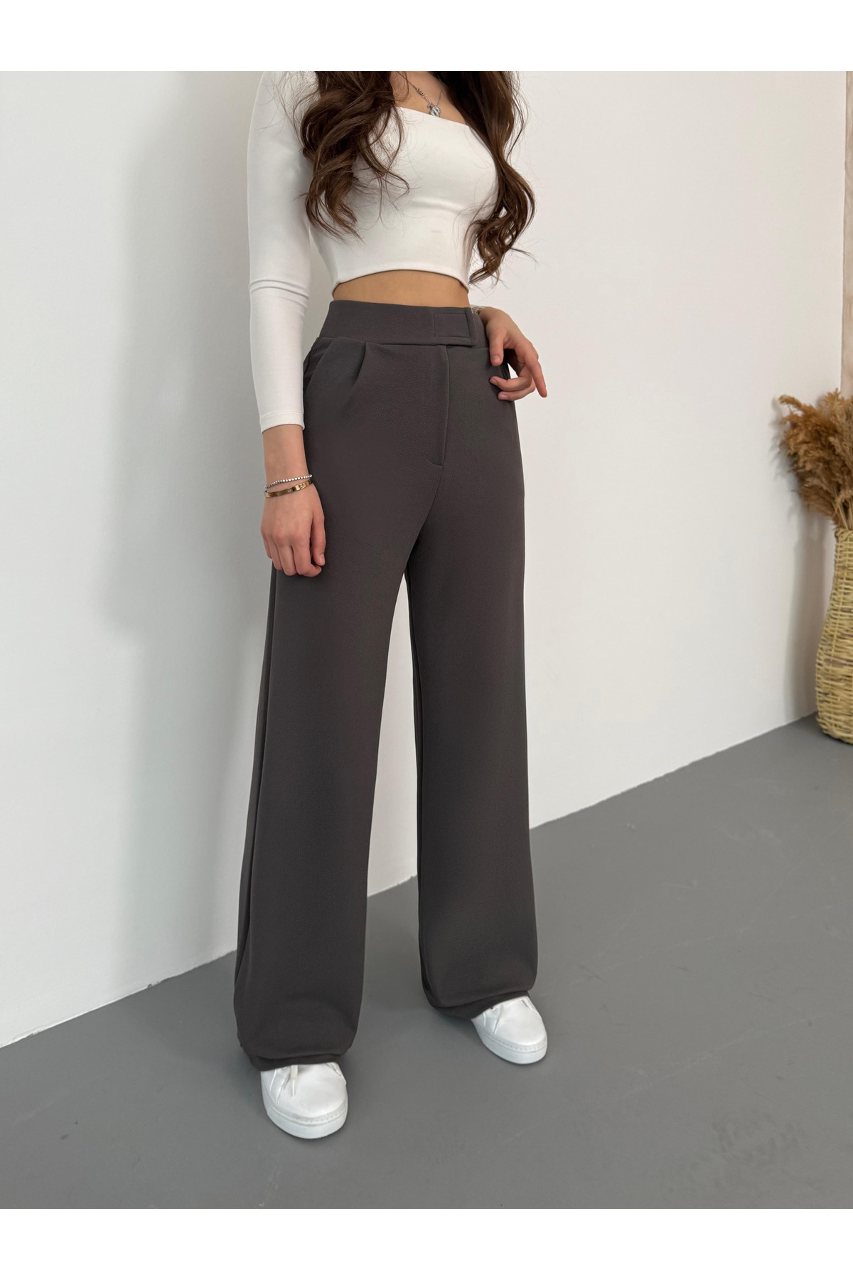 BİKELİFE-Graue Palazzo-Hose aus Lycra mit Klettverschluss für Damen 3