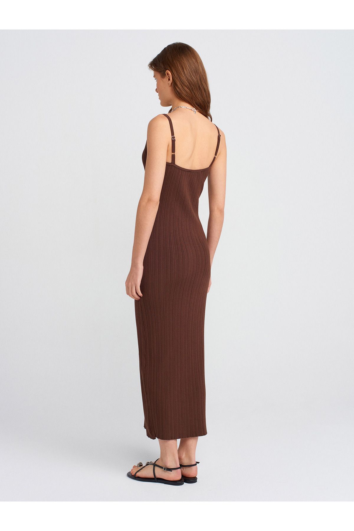 Dilvin-90139 Strappy Knitwear Dress-Brown 2