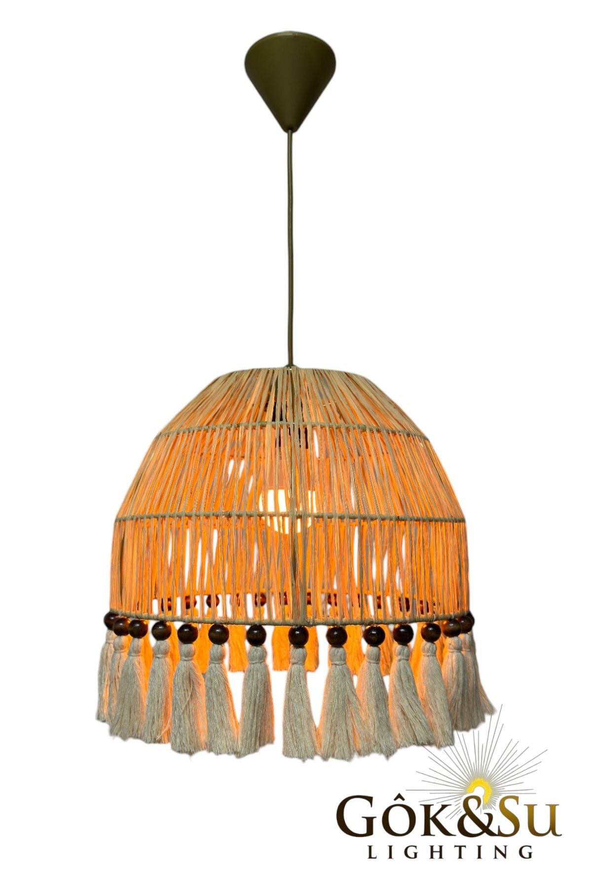 Göksu Lighting-ثريا رقيقة من الجوت - ريفي، بوهيمي، خوص، مكرامية، ثريا معنقدة 6