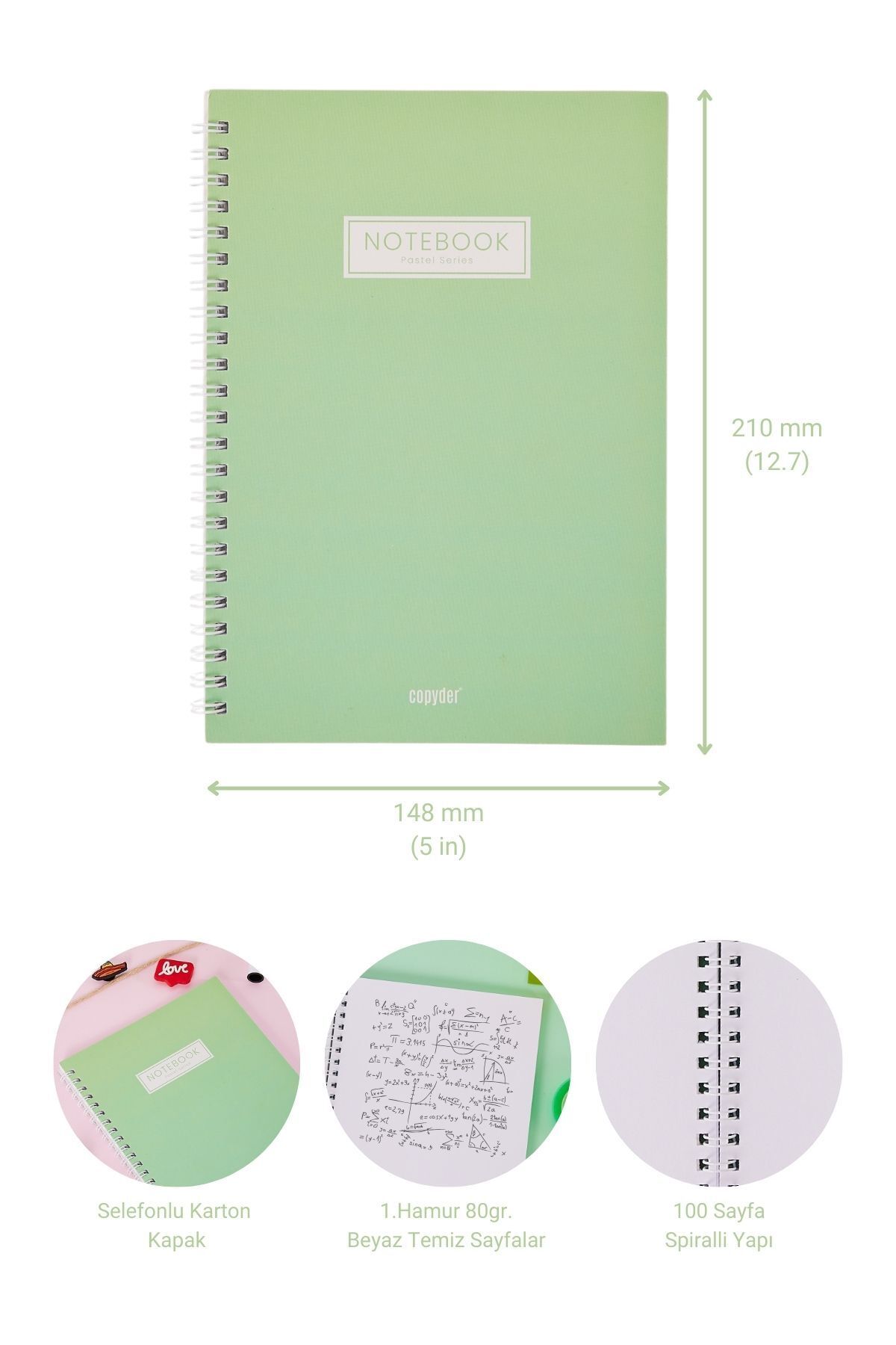 Copyder-Mint Green Pastel Color Plain Spiral A5 Unlined 100 Sheets School Notebook 4