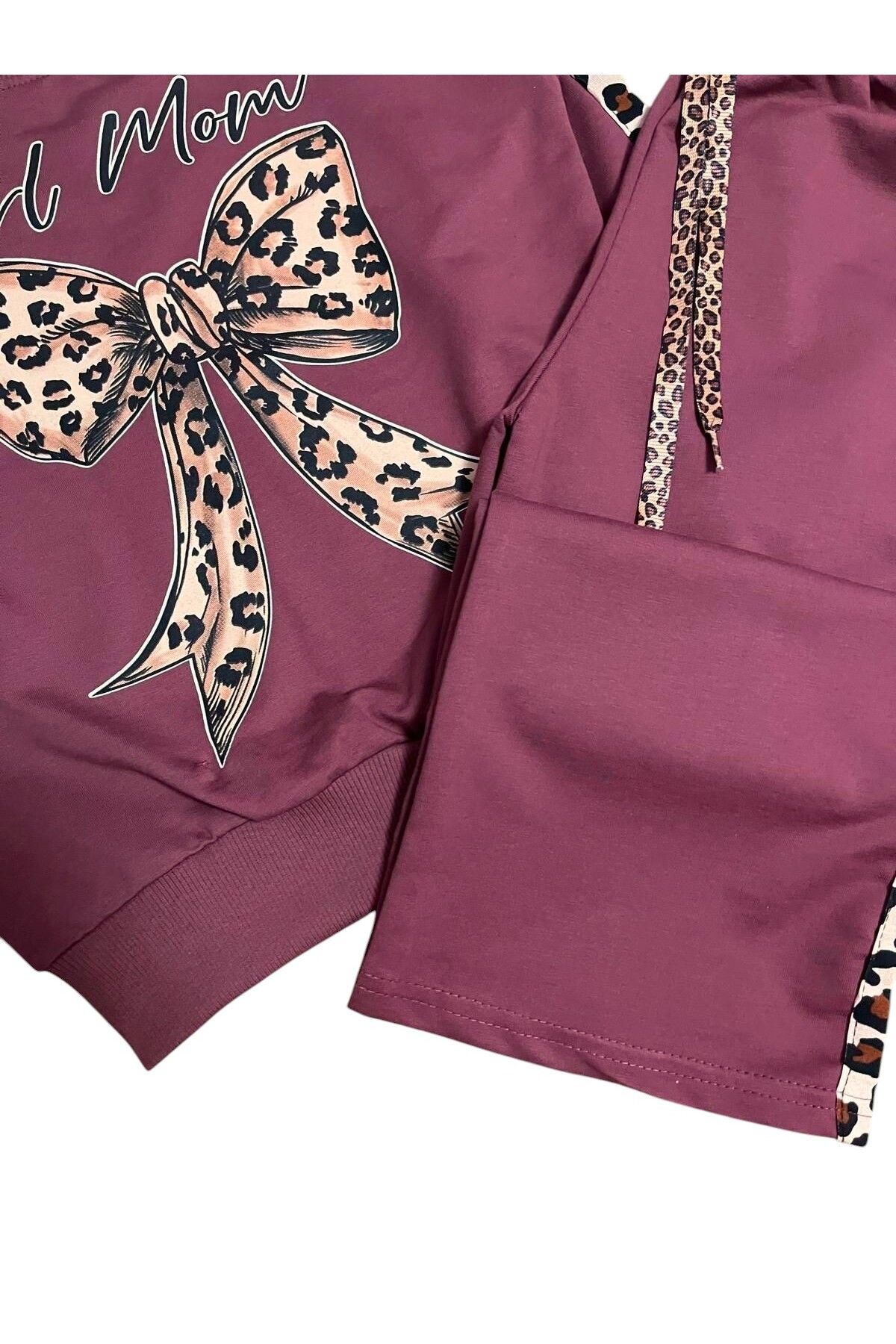 Fil Kids-Girl's 100% Cotton Plum Color Leopard Ribbon Patterned Long Sleeve Wide Leg Tracksuit Set 2