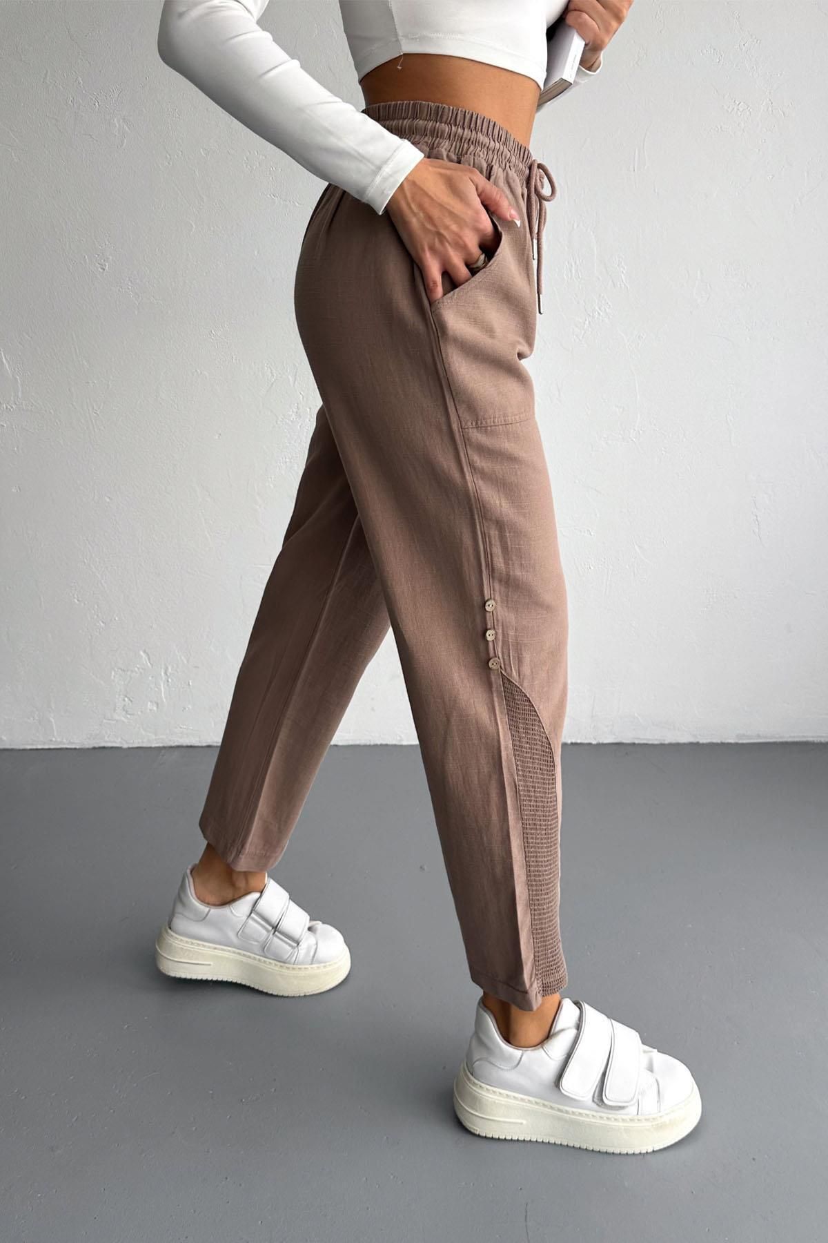 İstangül Butik-Linen Trousers with Mesh and Button Detail 3