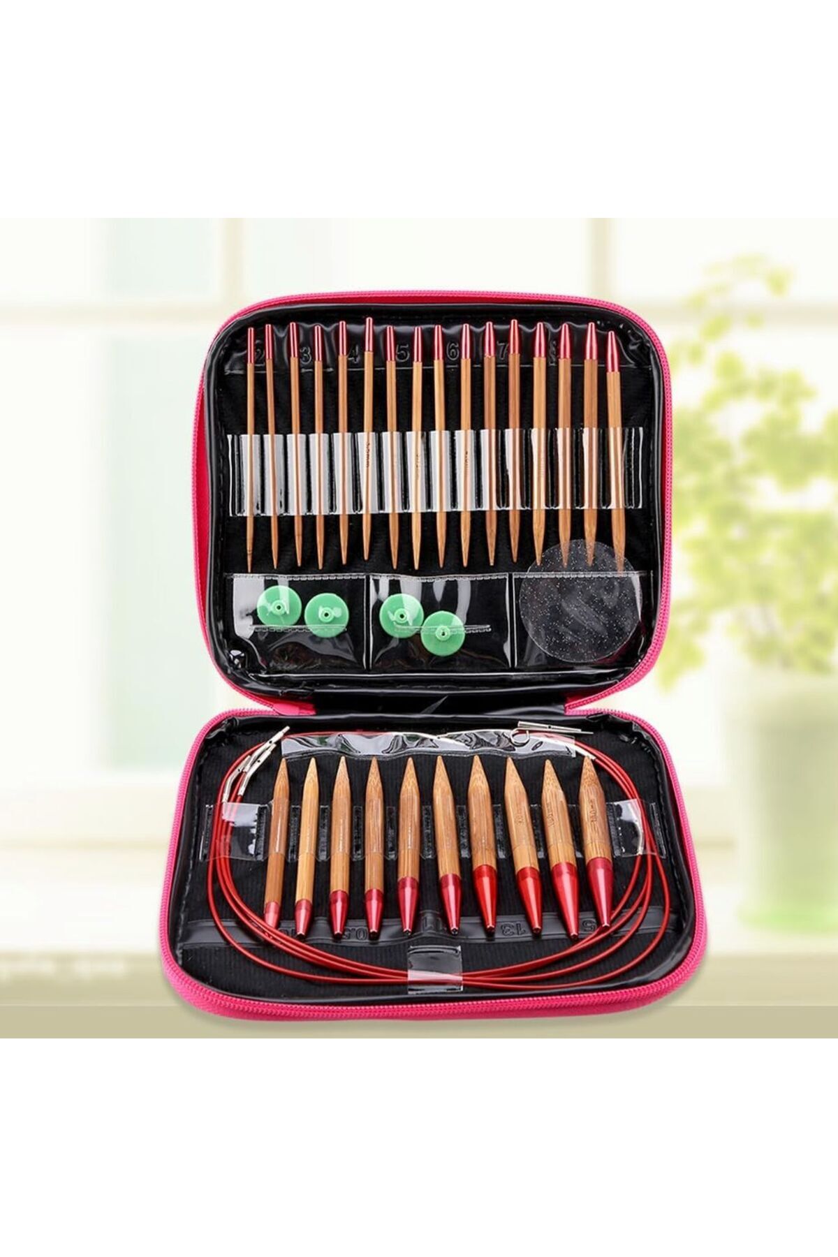 OZN AKSESUAR çantalı şiş seti, ahşap görünümlü şiş seti, örgü kiti misinalı fuşya çantalı