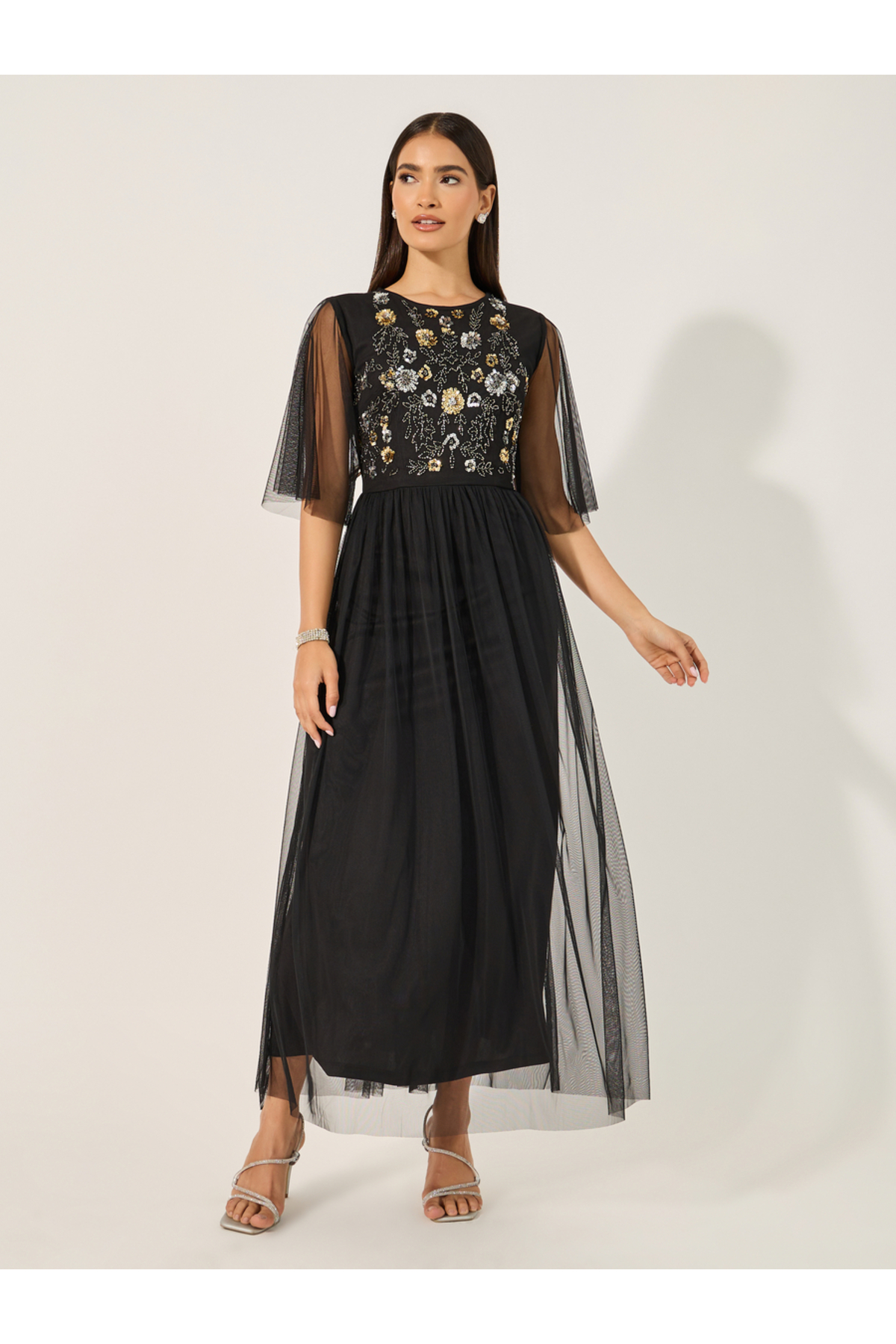 Styli Embellished Half Sleeves A-Line Maxi Dress